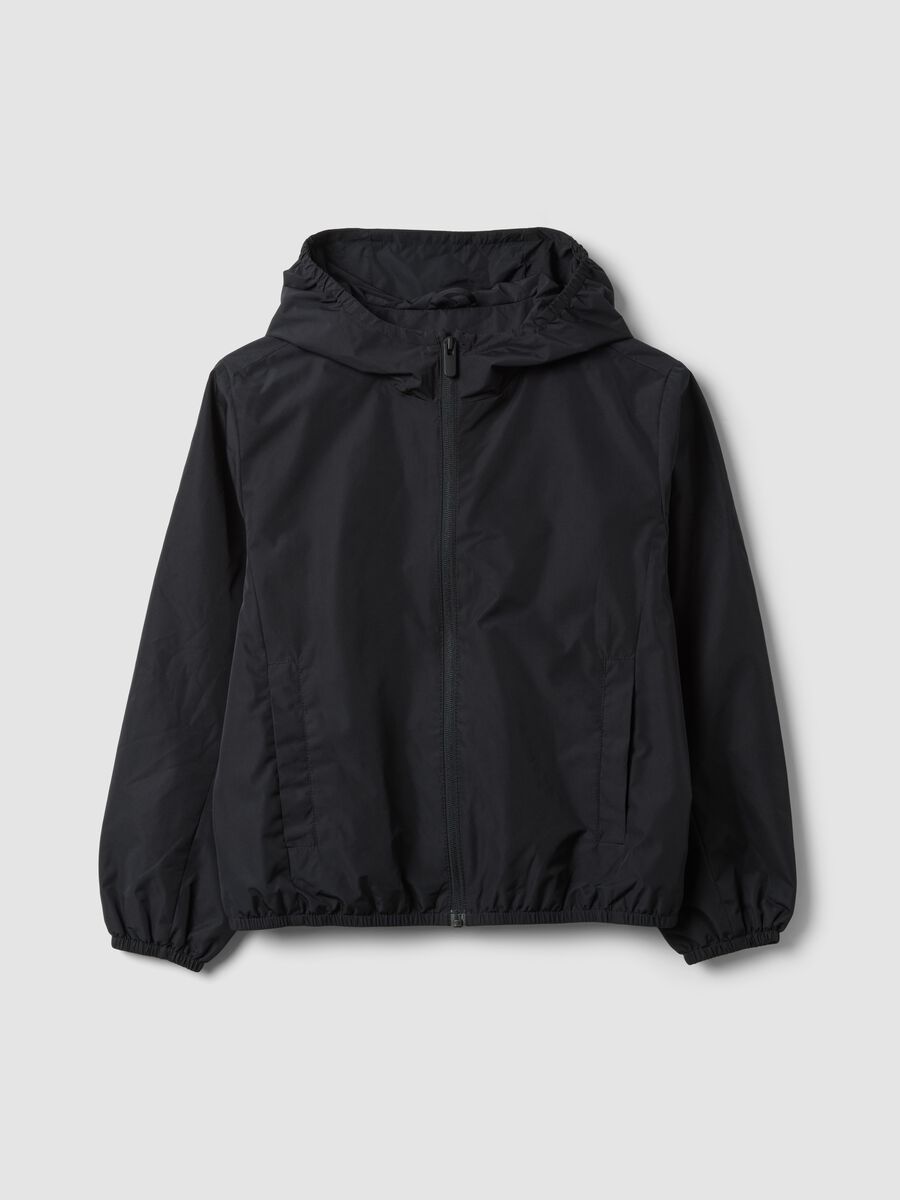Black hooded rain jacket with zip for girls_0