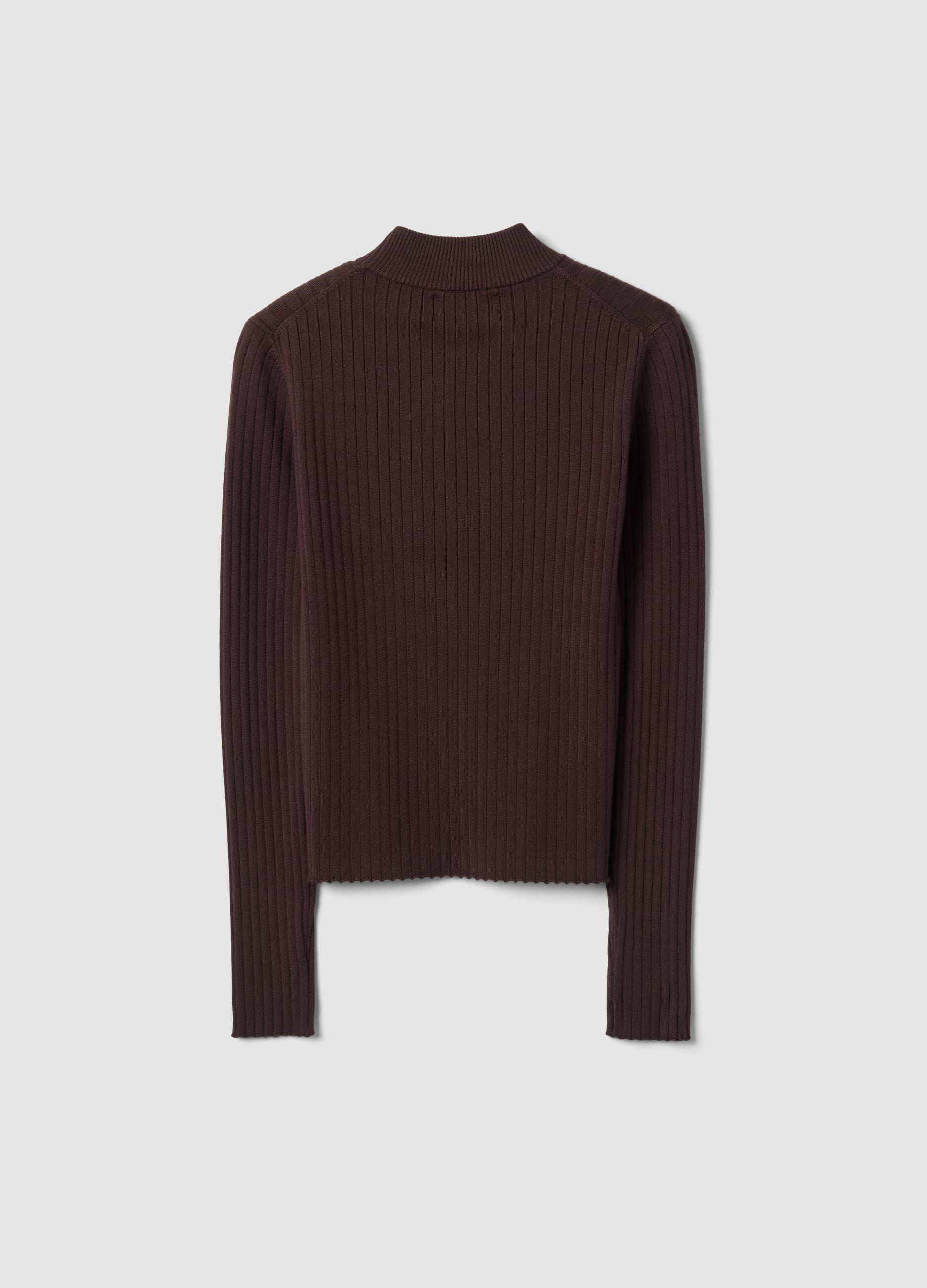 Brown ribbed viscose-blend top with high neck