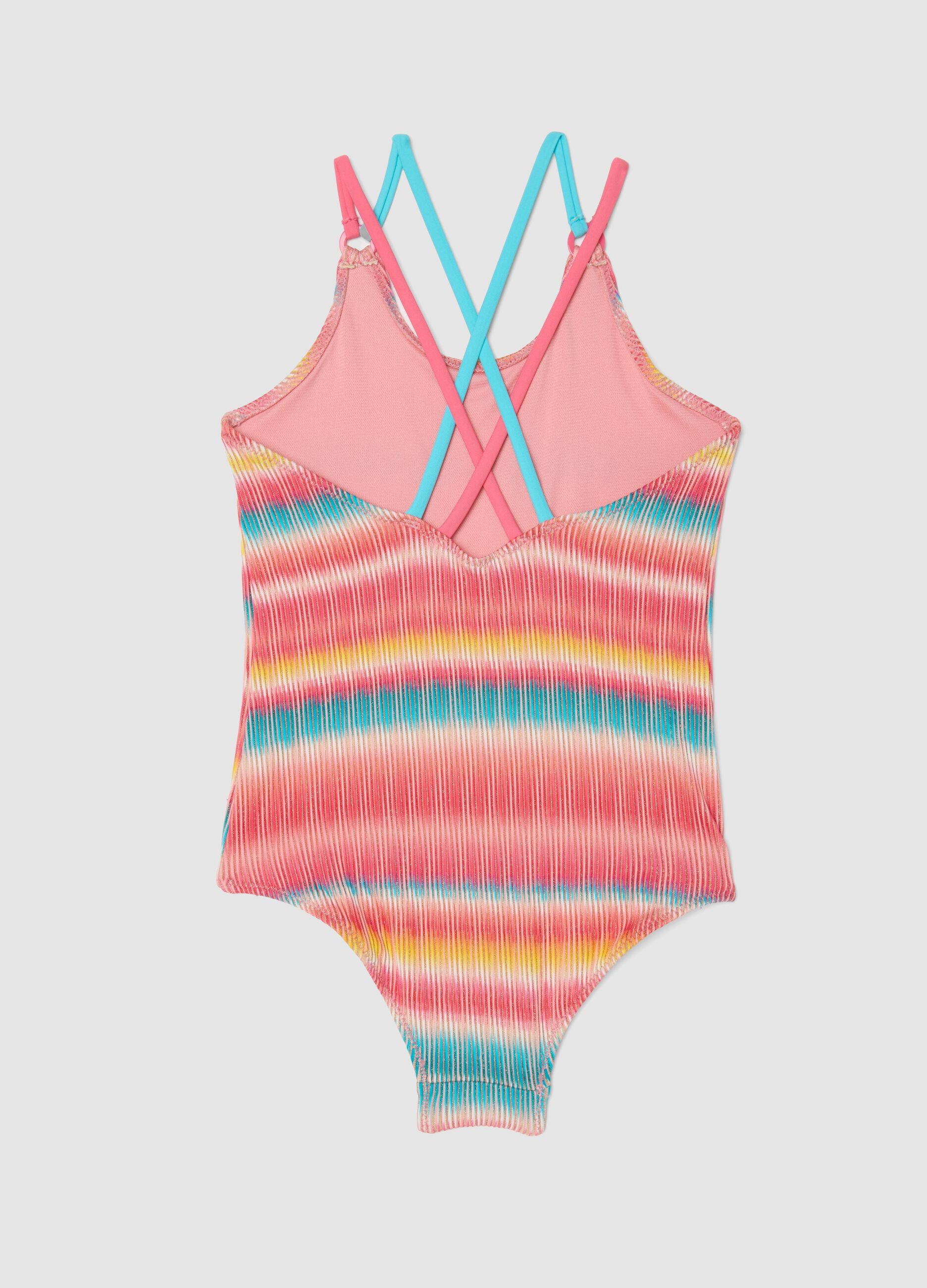 Girls&rsquo; multicolour striped stretchy one-piece swimsuit