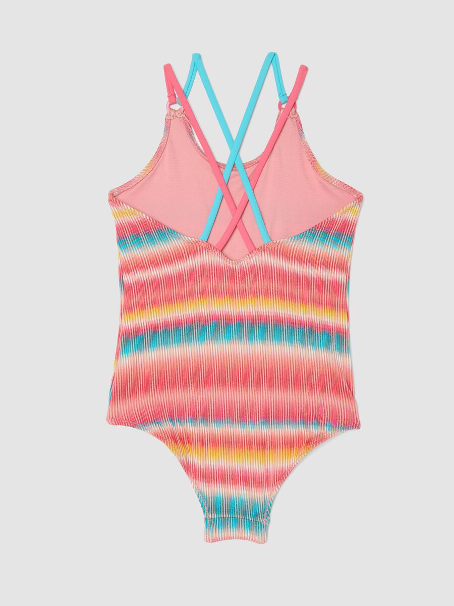 Fato de banho inteiro &agrave;s riscas multicolor em tecido el&aacute;stico para menina_1