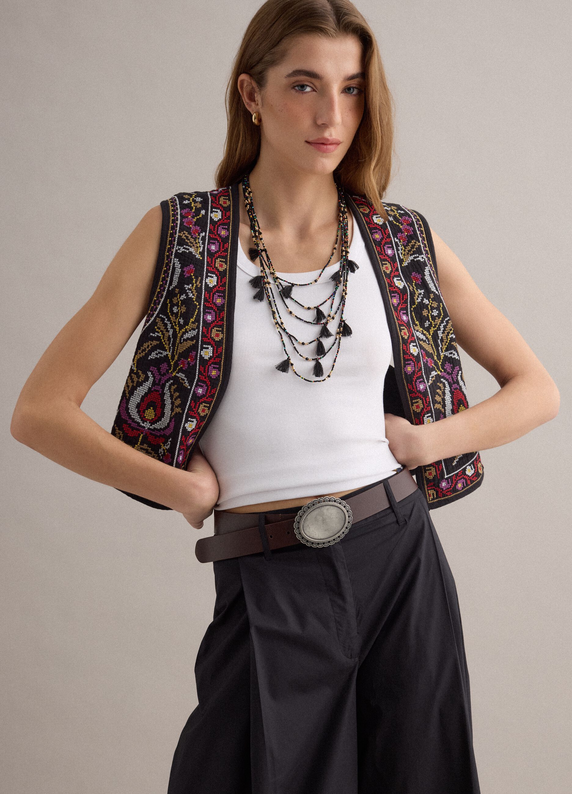 Black pure cotton gilet with embroidery