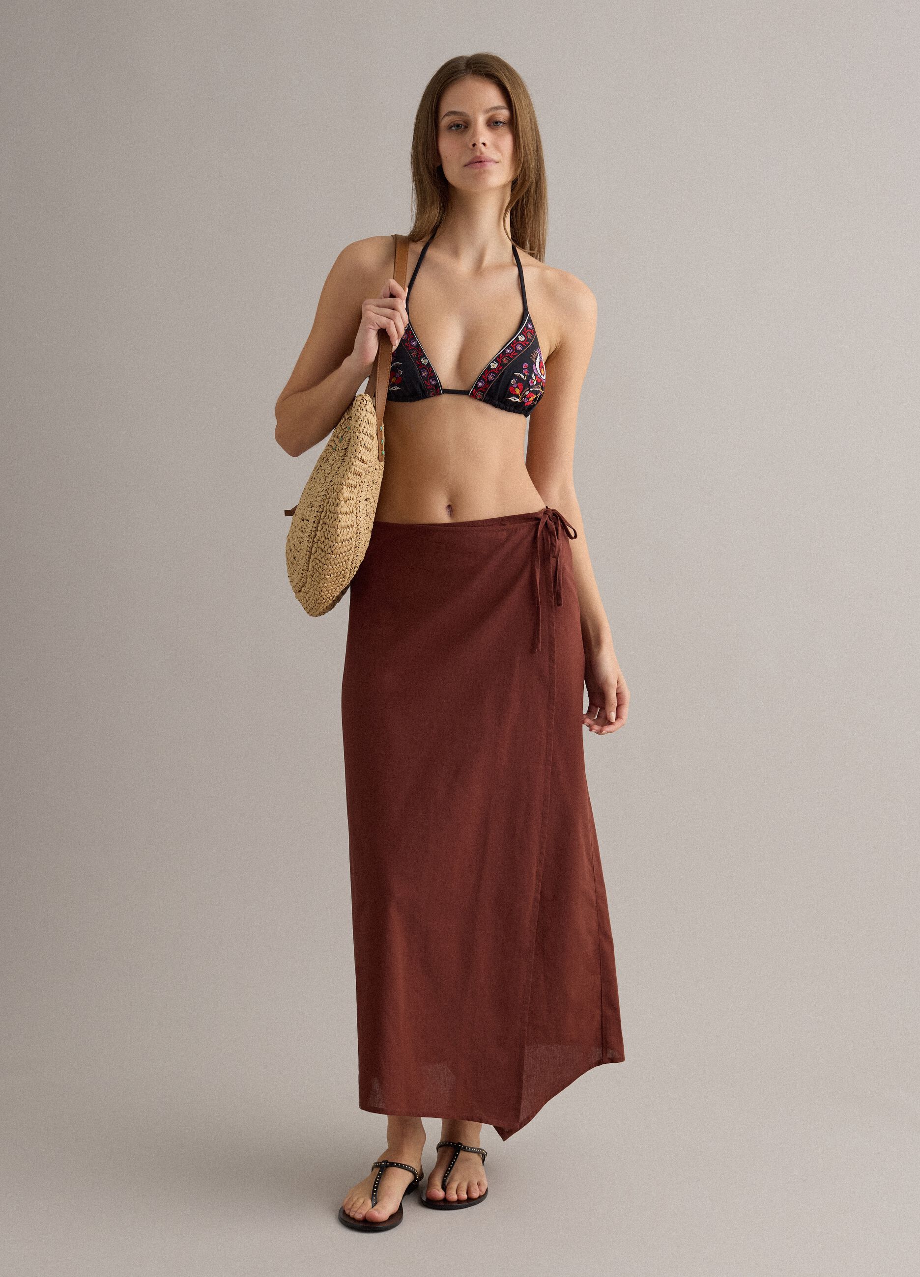 Brown cotton-linen blend pareo