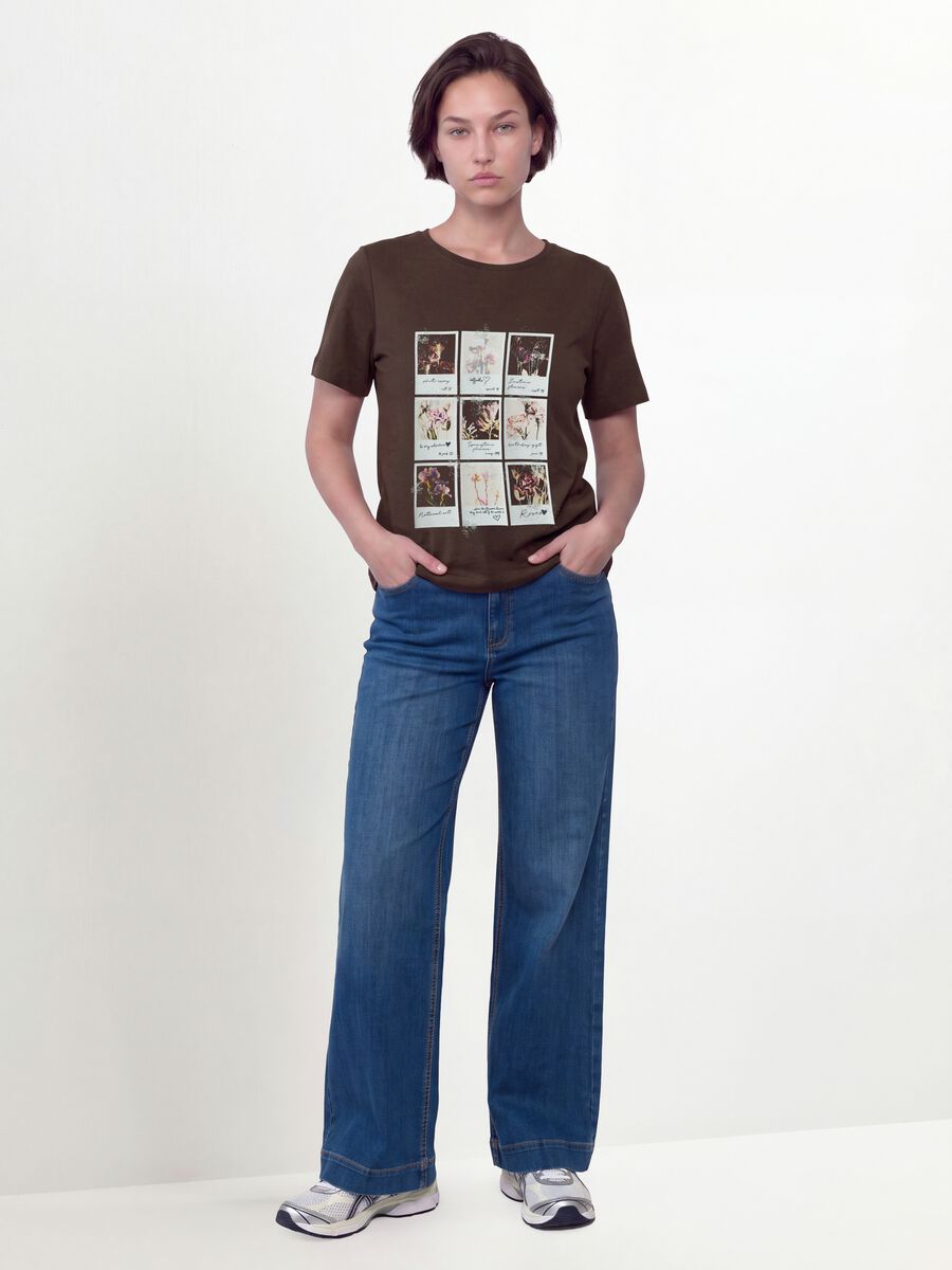 Brown pure cotton T-shirt with floral print, regular fit_1