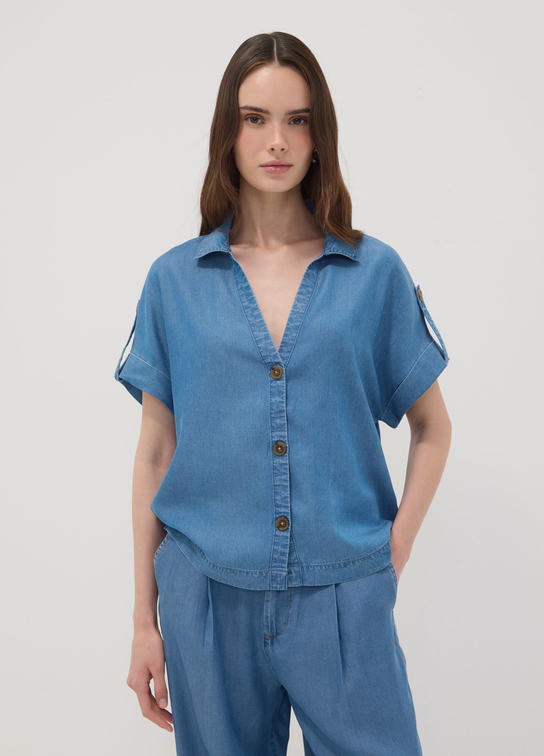 Light blue pure lyocell shirt with patterned collar