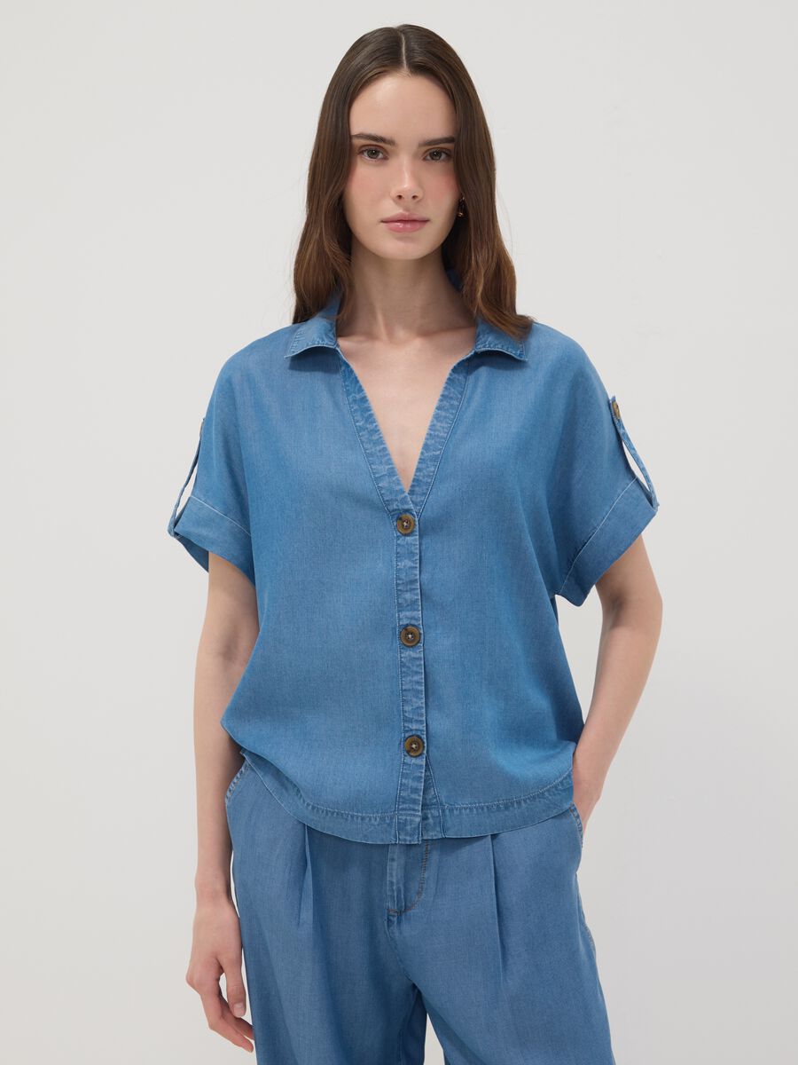 Light blue pure lyocell shirt with patterned collar_0