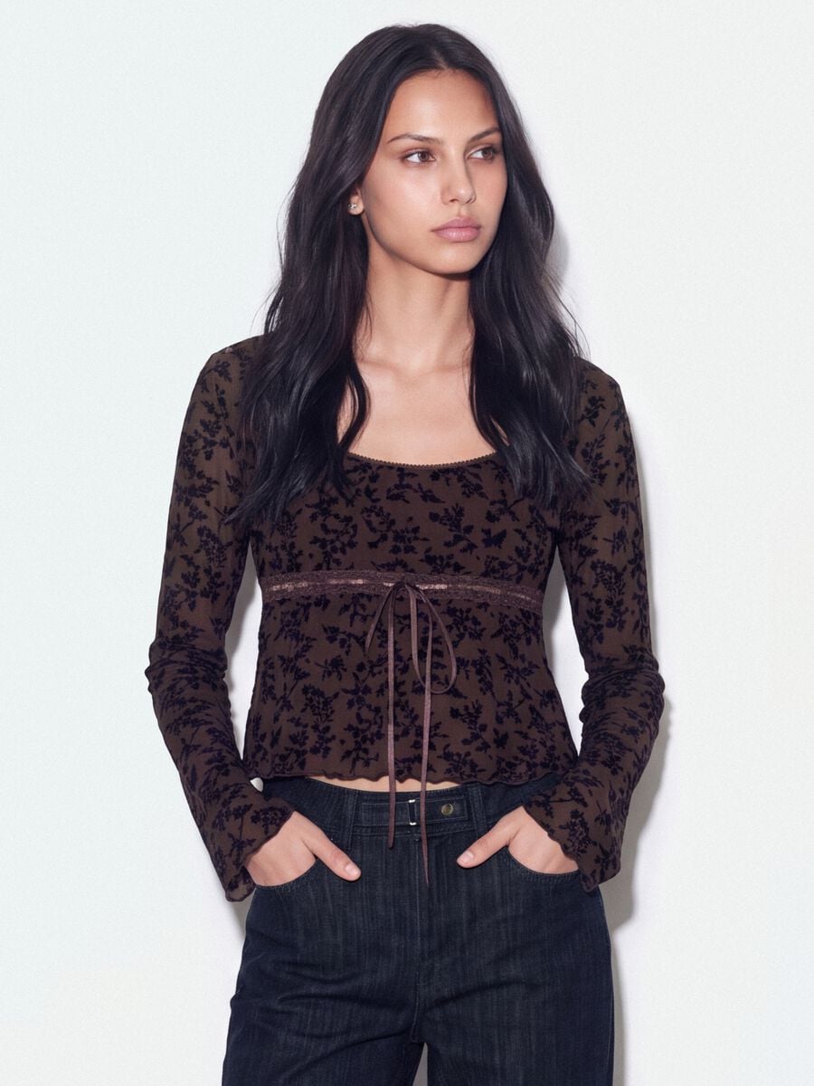 Brown stretch T-shirt with flocked floral print_0
