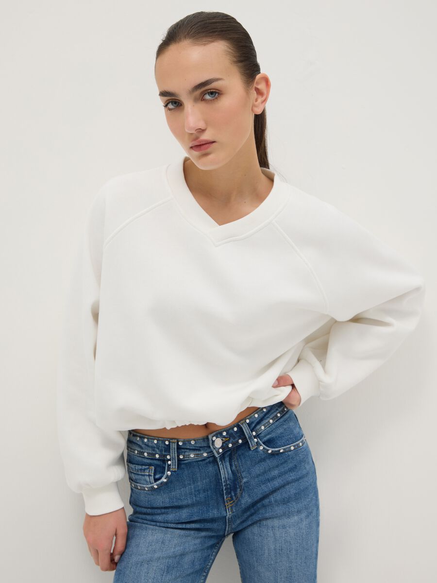 Oversized white cotton blend sweatshirt with V-neck_0