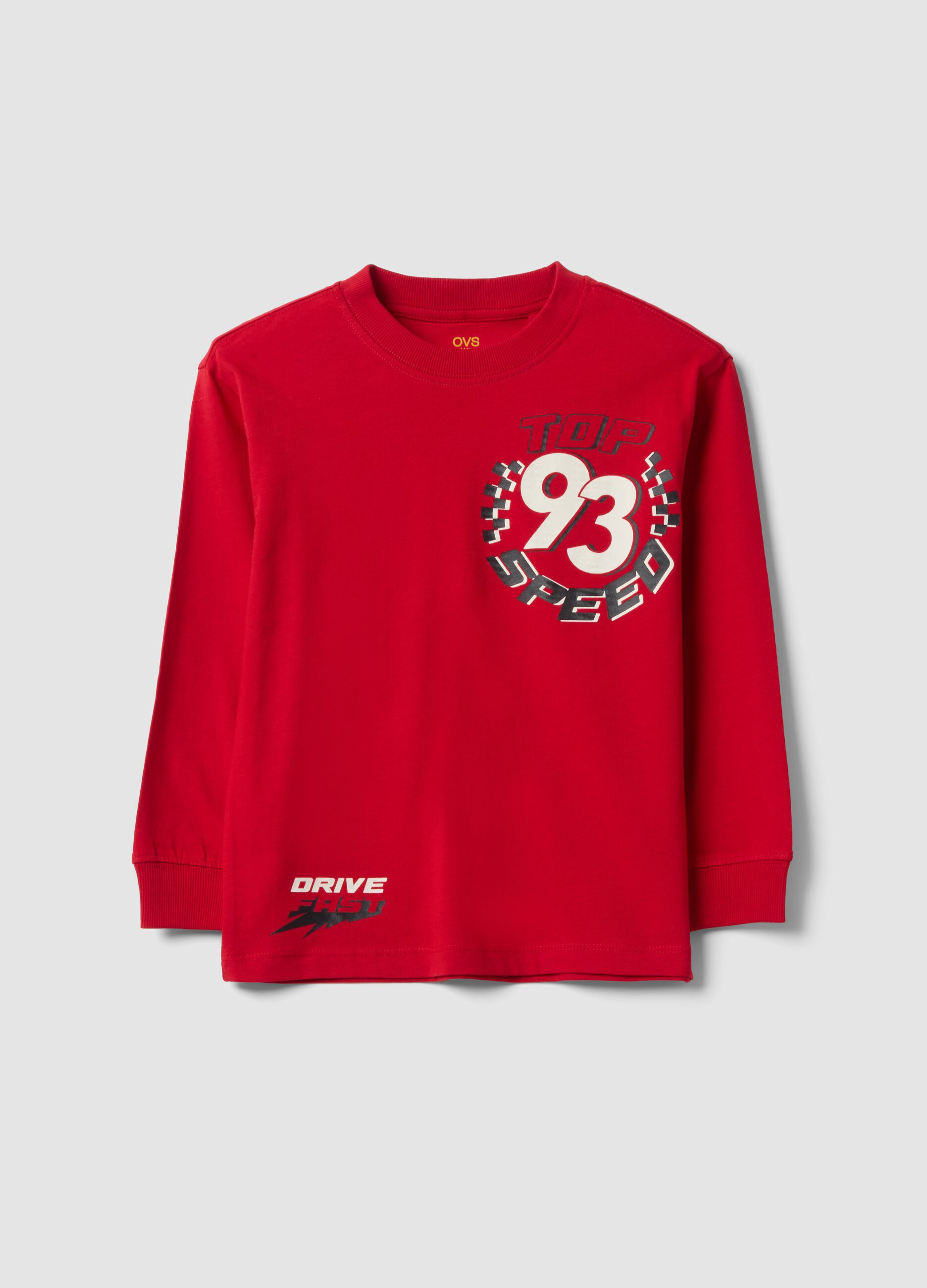 T-shirt rossa in puro cotone con girocollo e stampa Top Speed