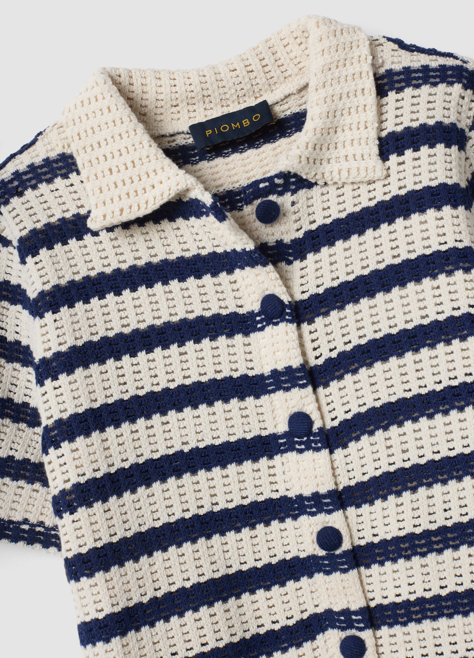 Blue and white striped stretch cotton crochet polo shirt