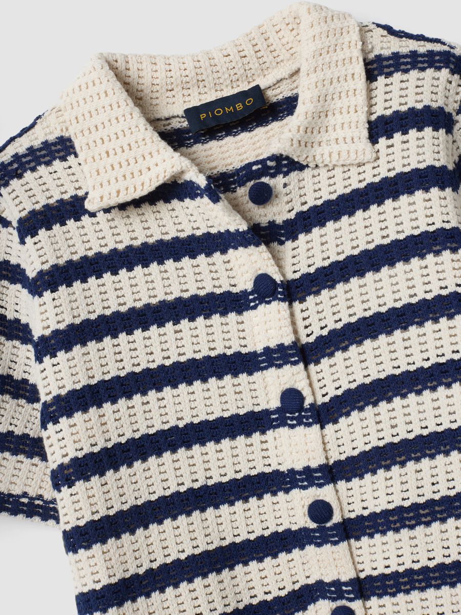 Blue and white striped stretch cotton crochet polo shirt_5