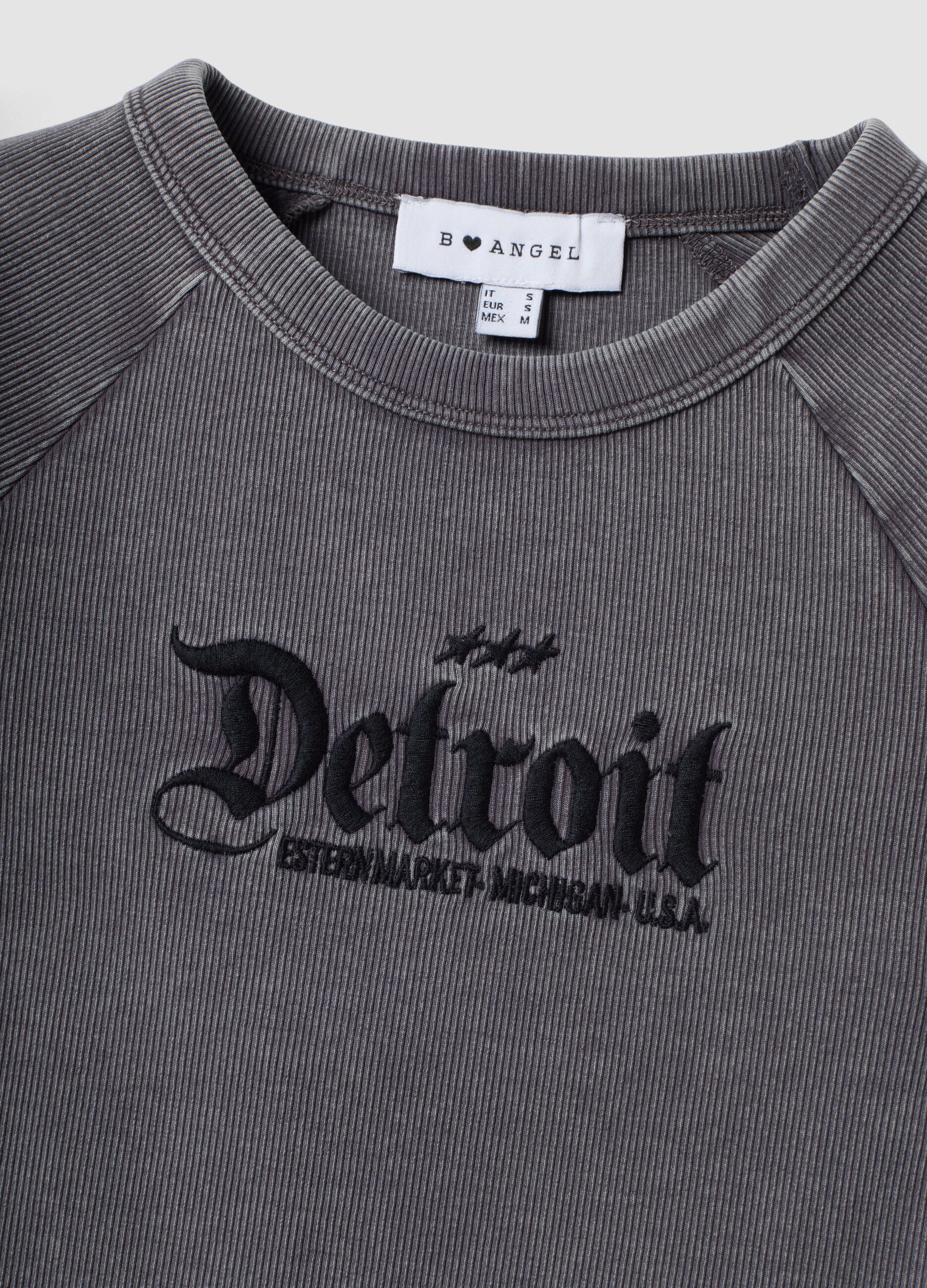 Grey fitted ribbed stretch cotton T-shirt with Detroit slogan