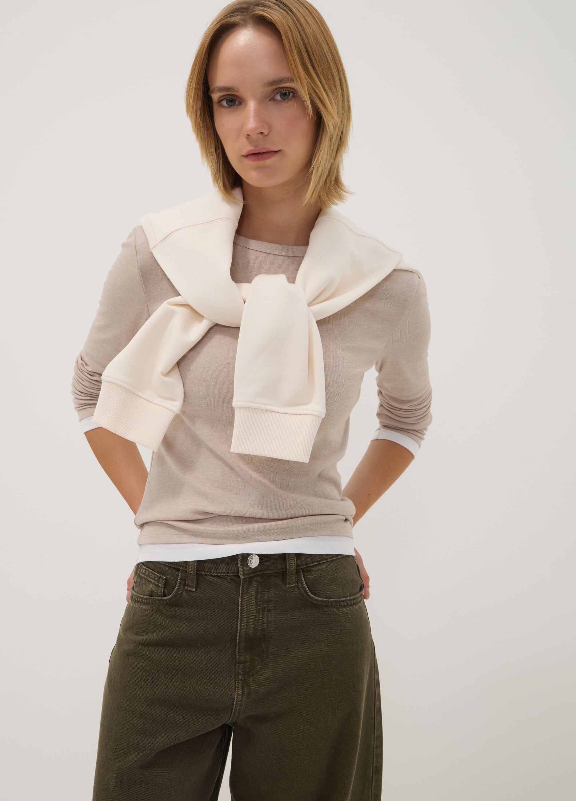 Beige cotton-blend crew-neck T-shirt