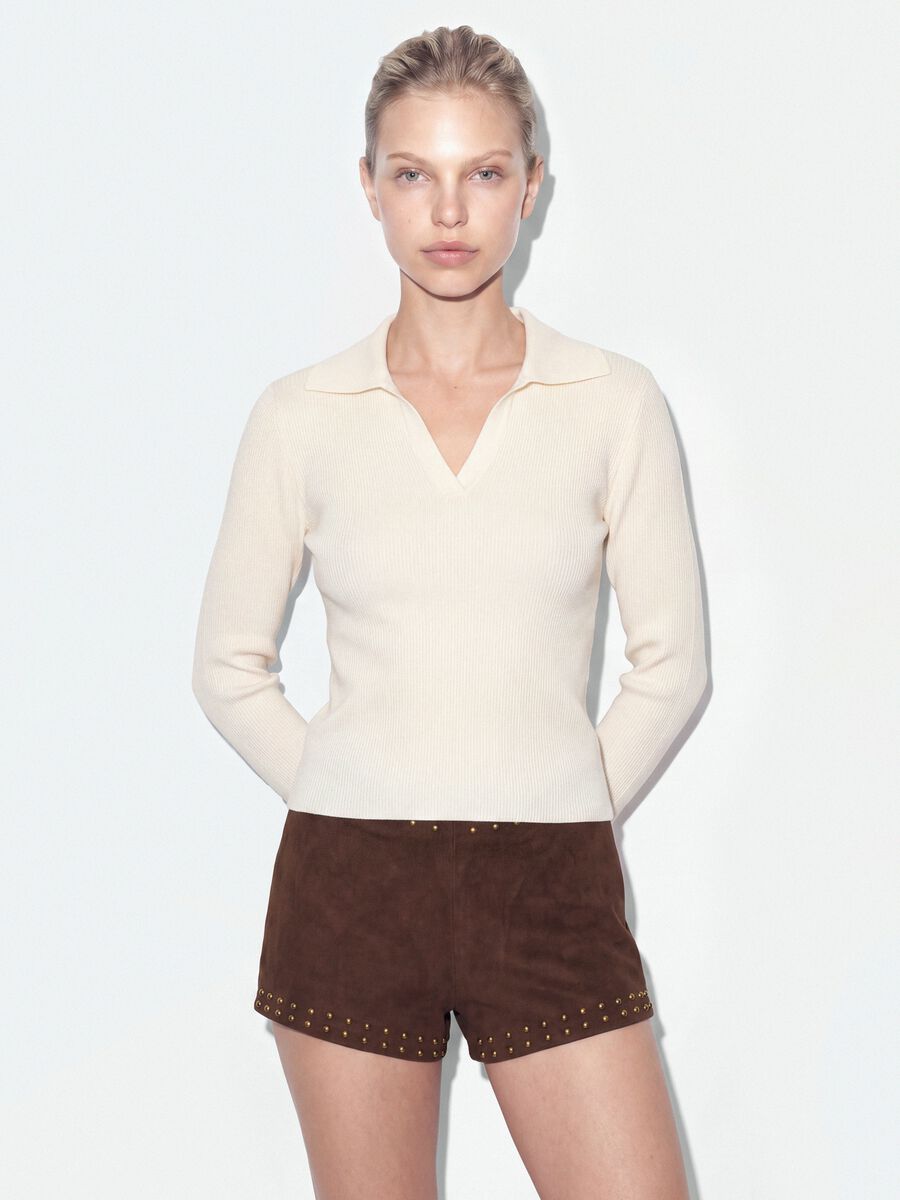 White viscose-blend fitted polo-collar top_0