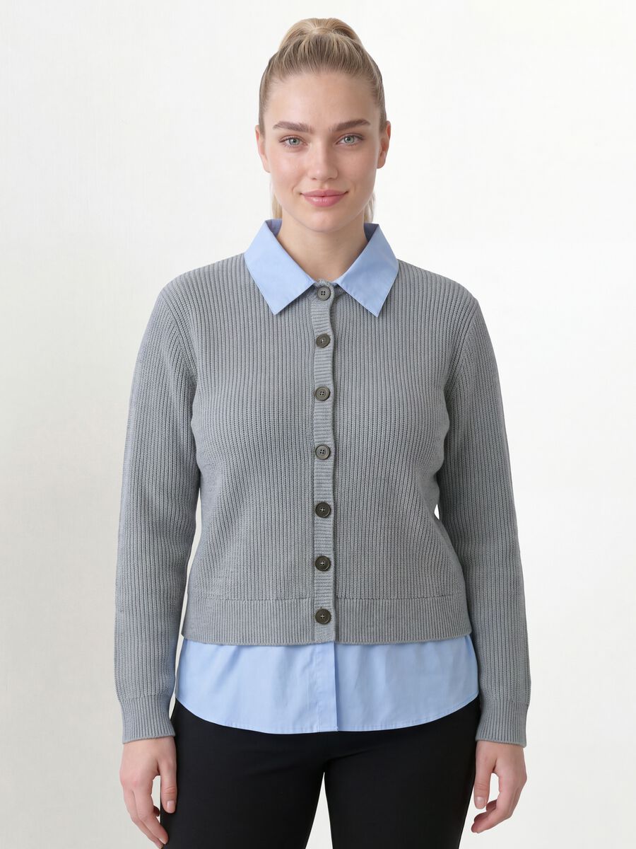 Grey rib-knit regular-fit cardigan with collar and layered-look detail_0