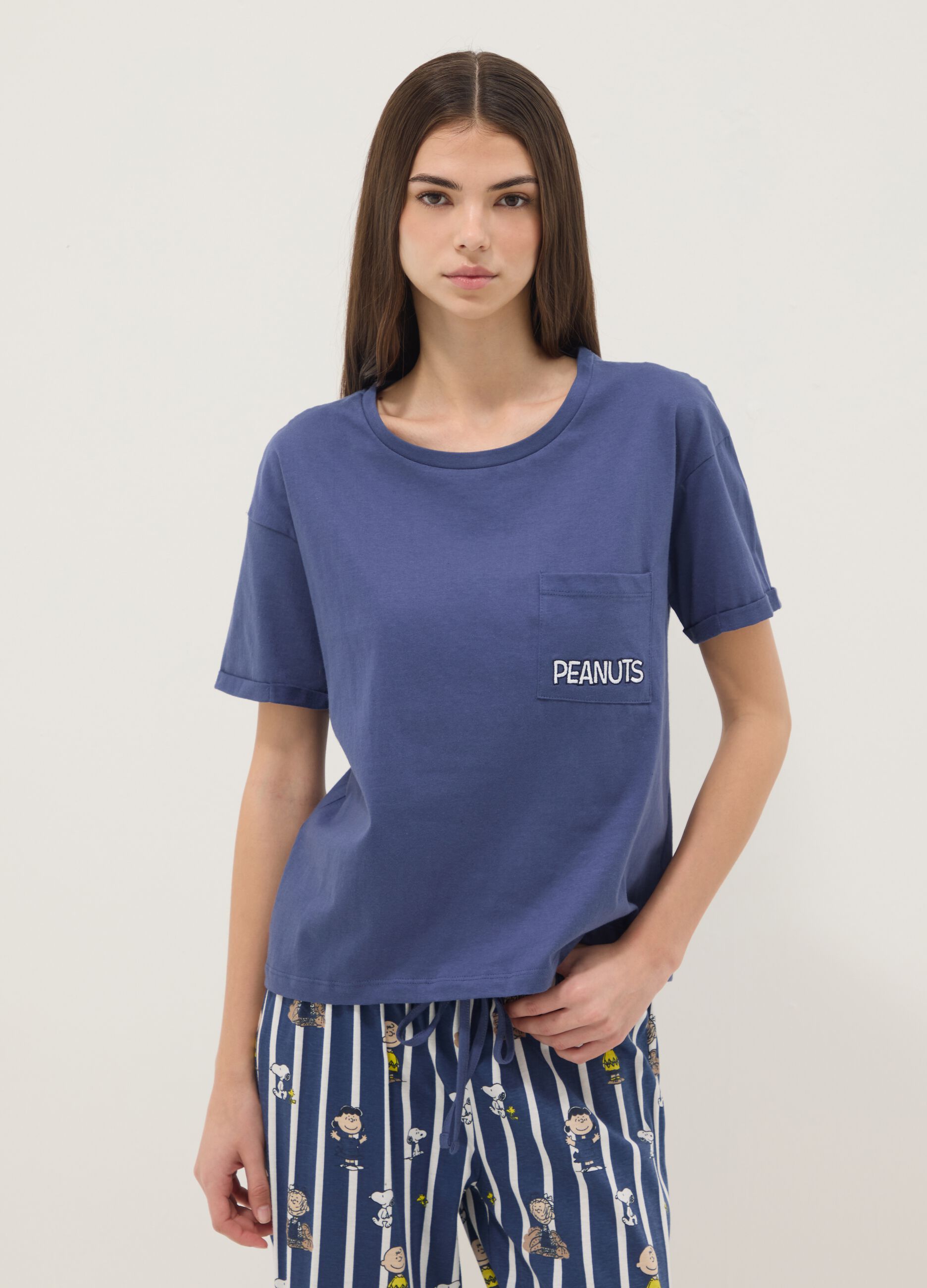 Blue pure cotton regular fit pyjamas with Peanuts prints