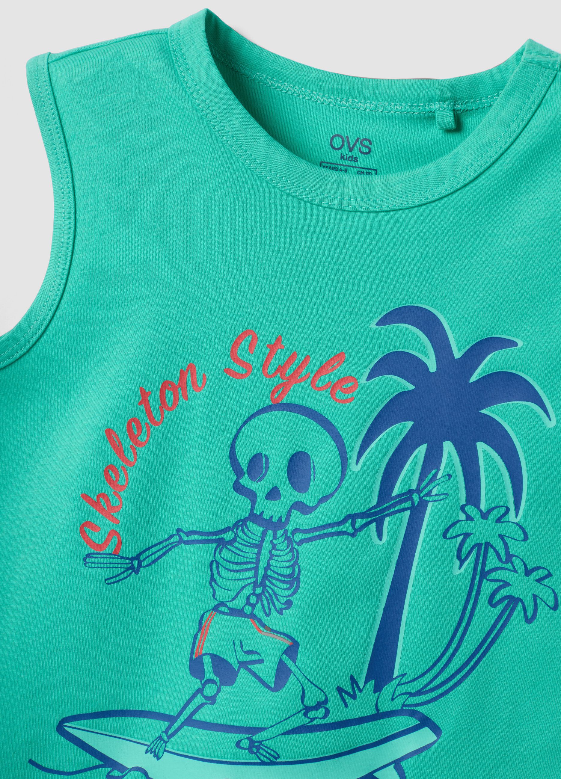 Green pure cotton vest top with surf print