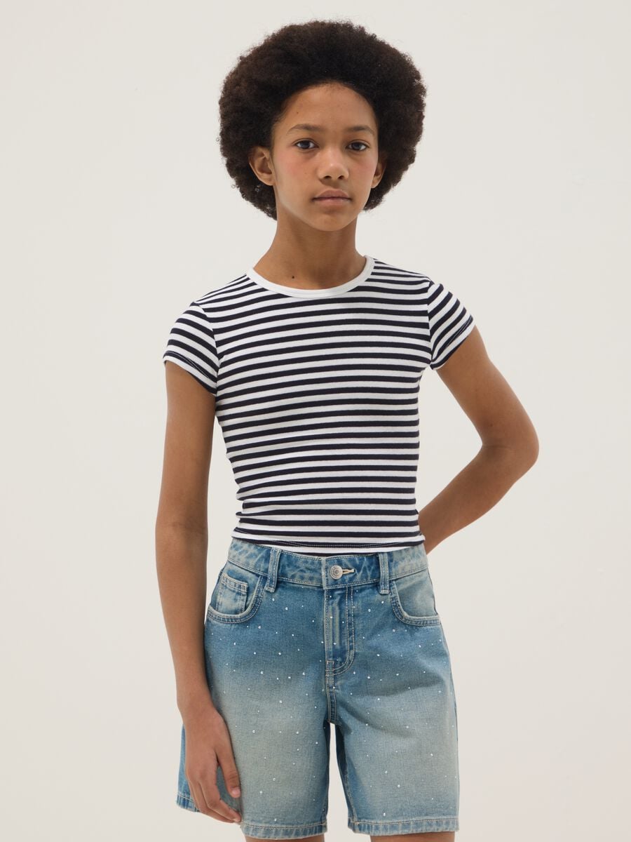 Girls&rsquo; fitted striped stretch-cotton T-shirt in multicolour_0