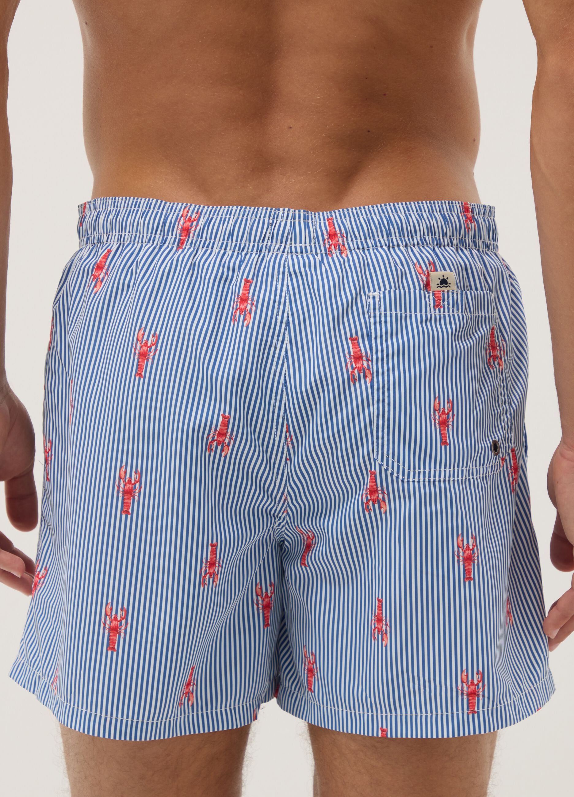 Blue striped swim shorts with lobster print