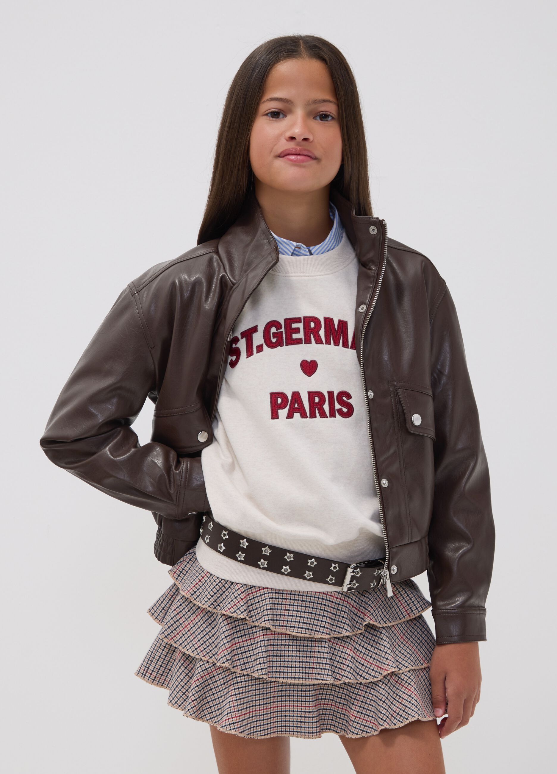 Girls&rsquo; brown jacket with zip and high neck, oversized fit