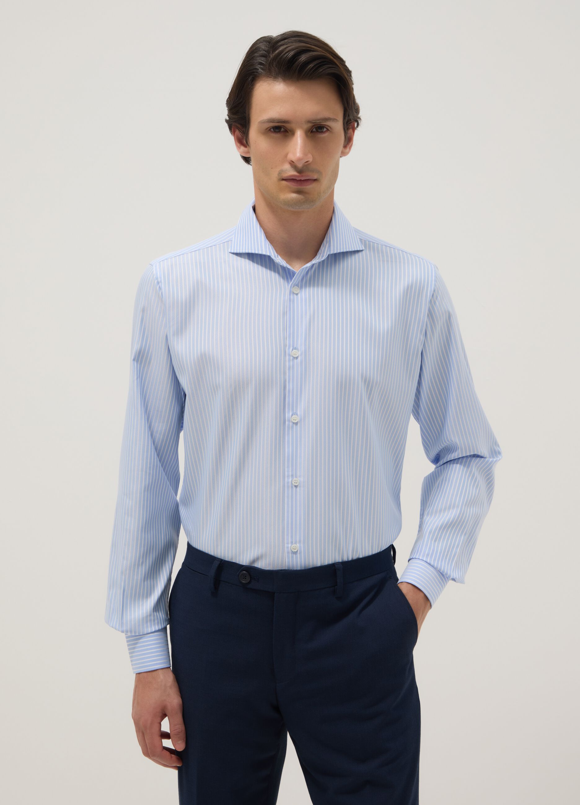 Multicolour striped slim fit shirt with French collar