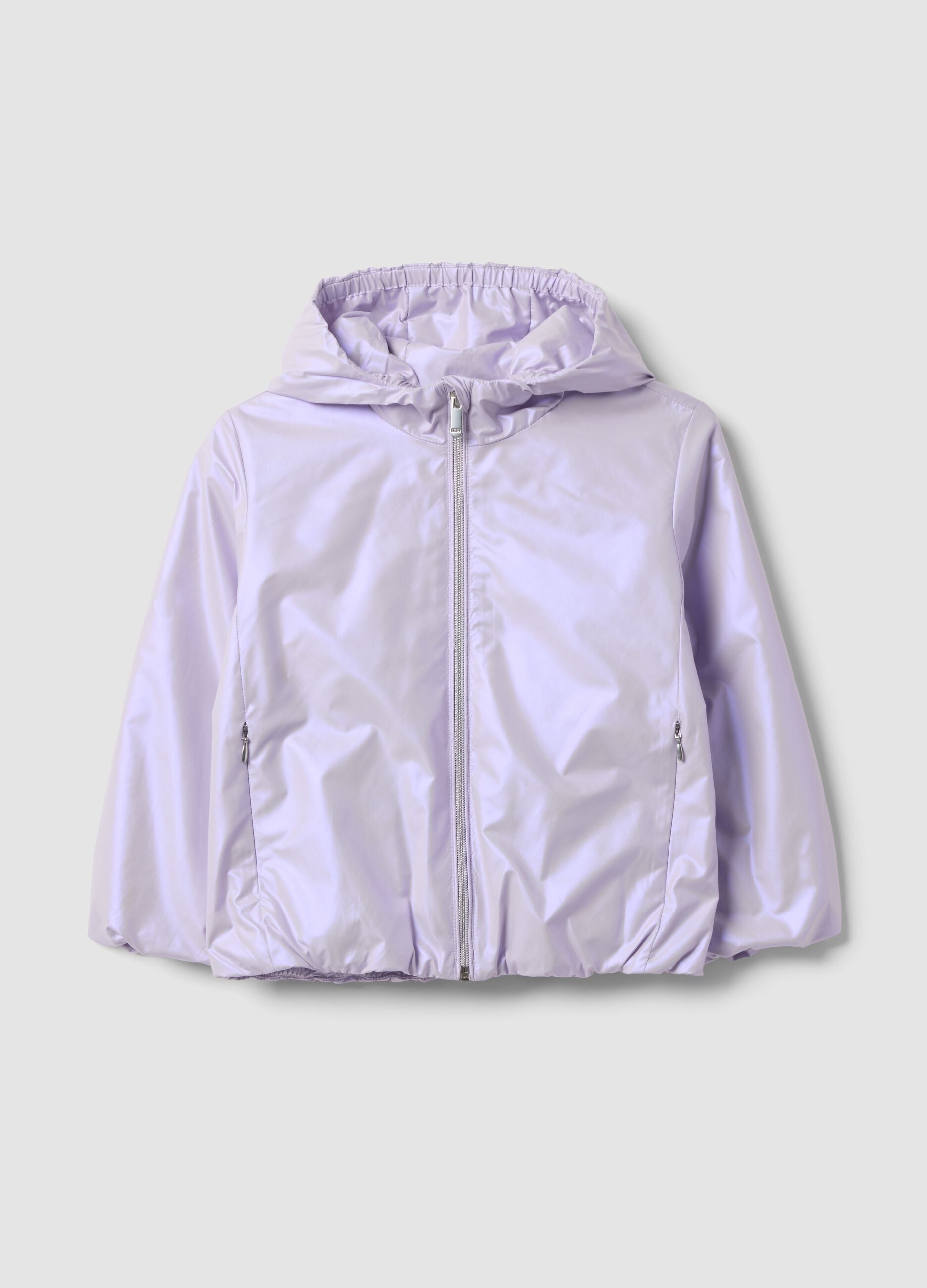 Casaco leve roxo com fecho e capuz para menina, corte regular