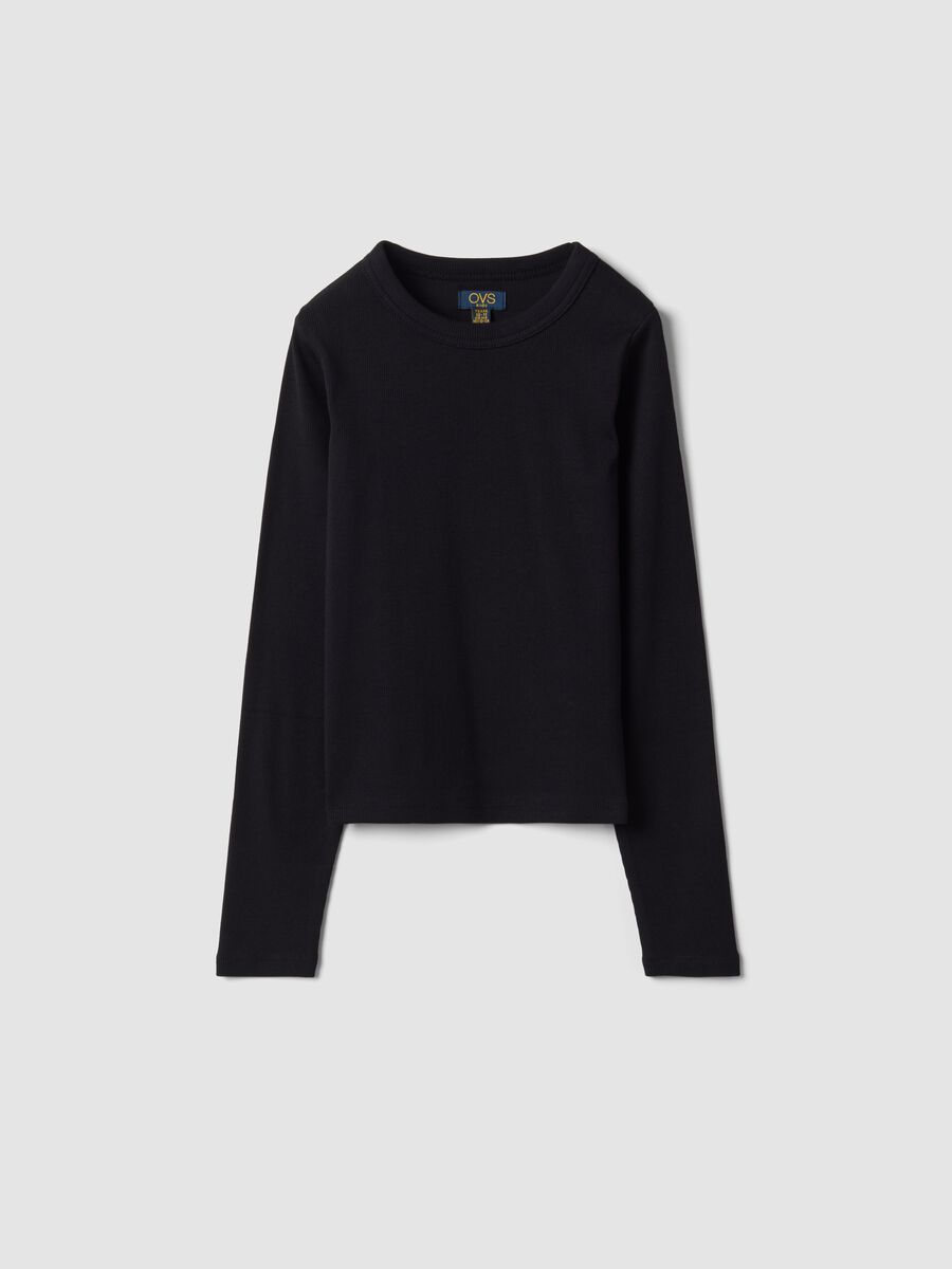 Black stretch organic cotton T-shirt with ribbed neckline_0
