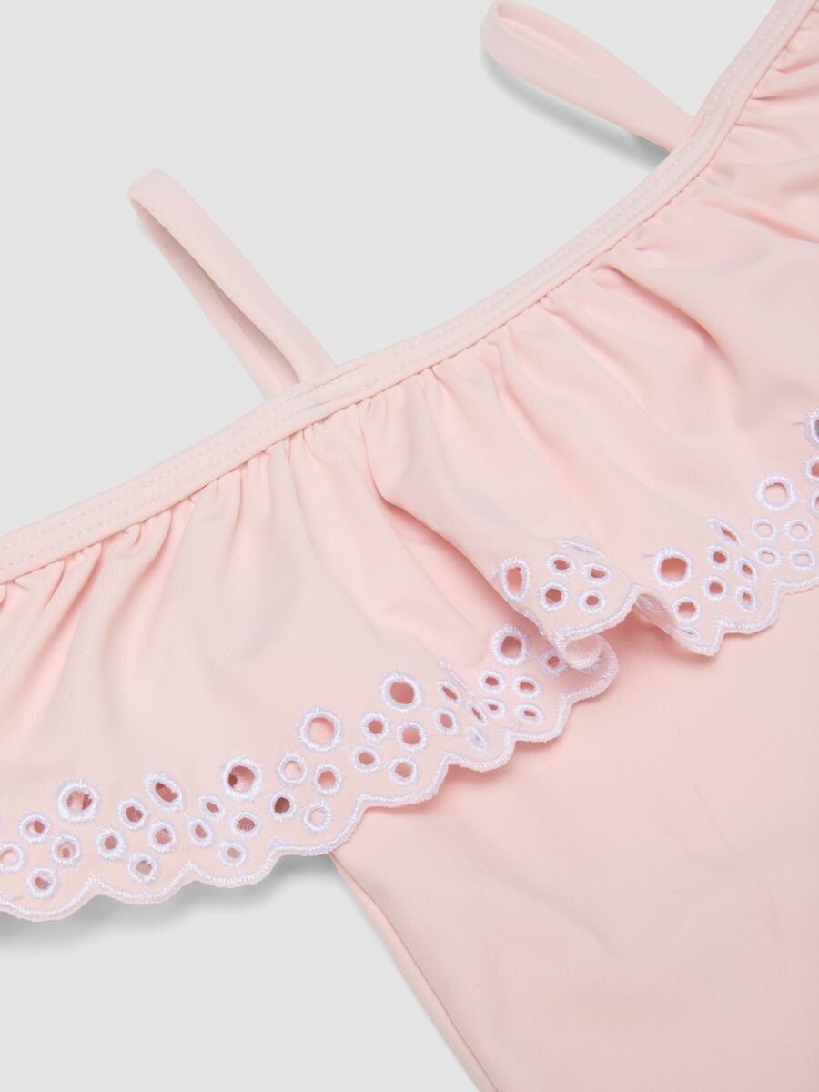 Pink girls&rsquo; swimsuit in stretch fabric with ruffle_2