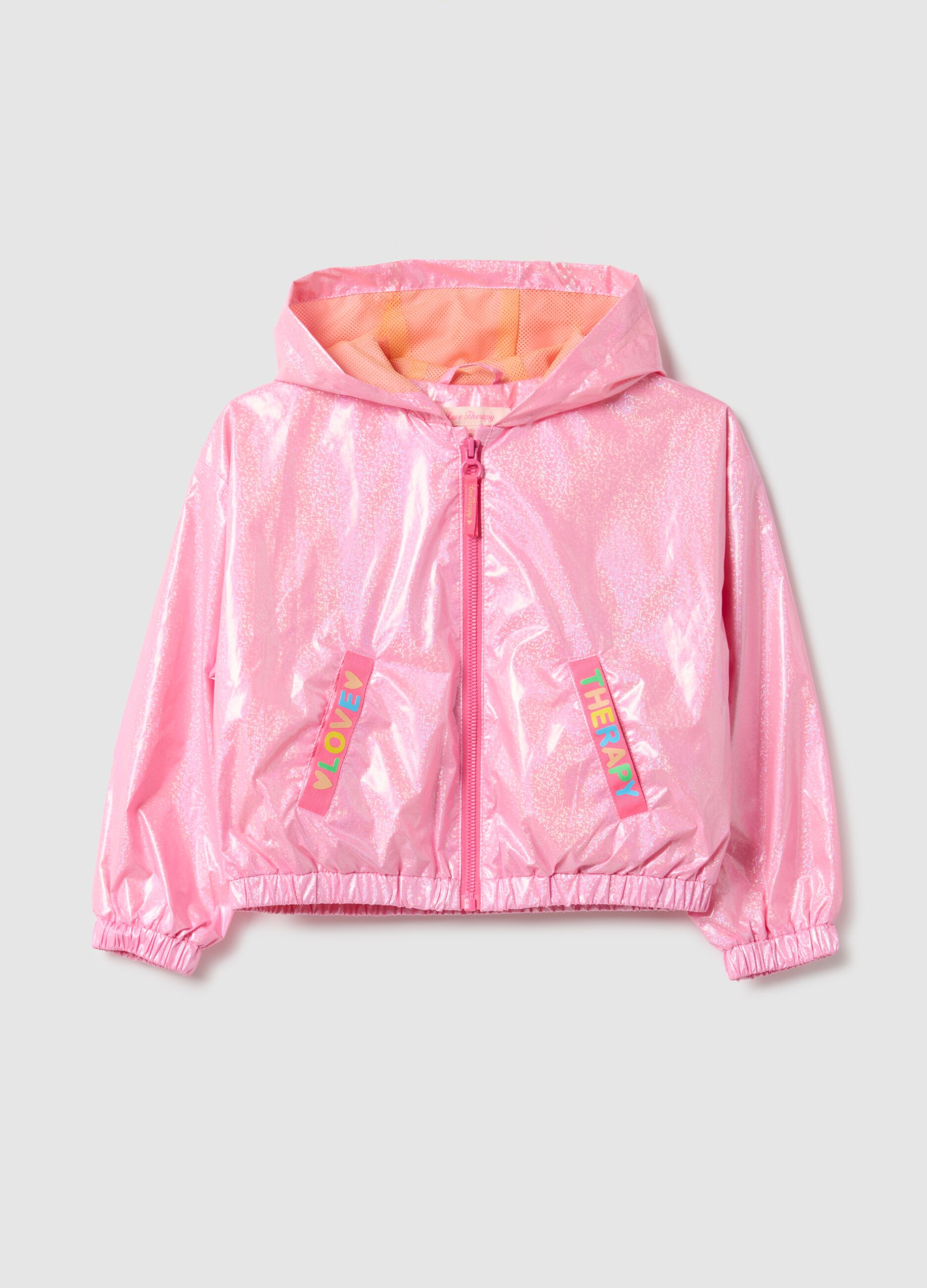 Casaco rosa com brilho e capuz para meninas, ajuste regular