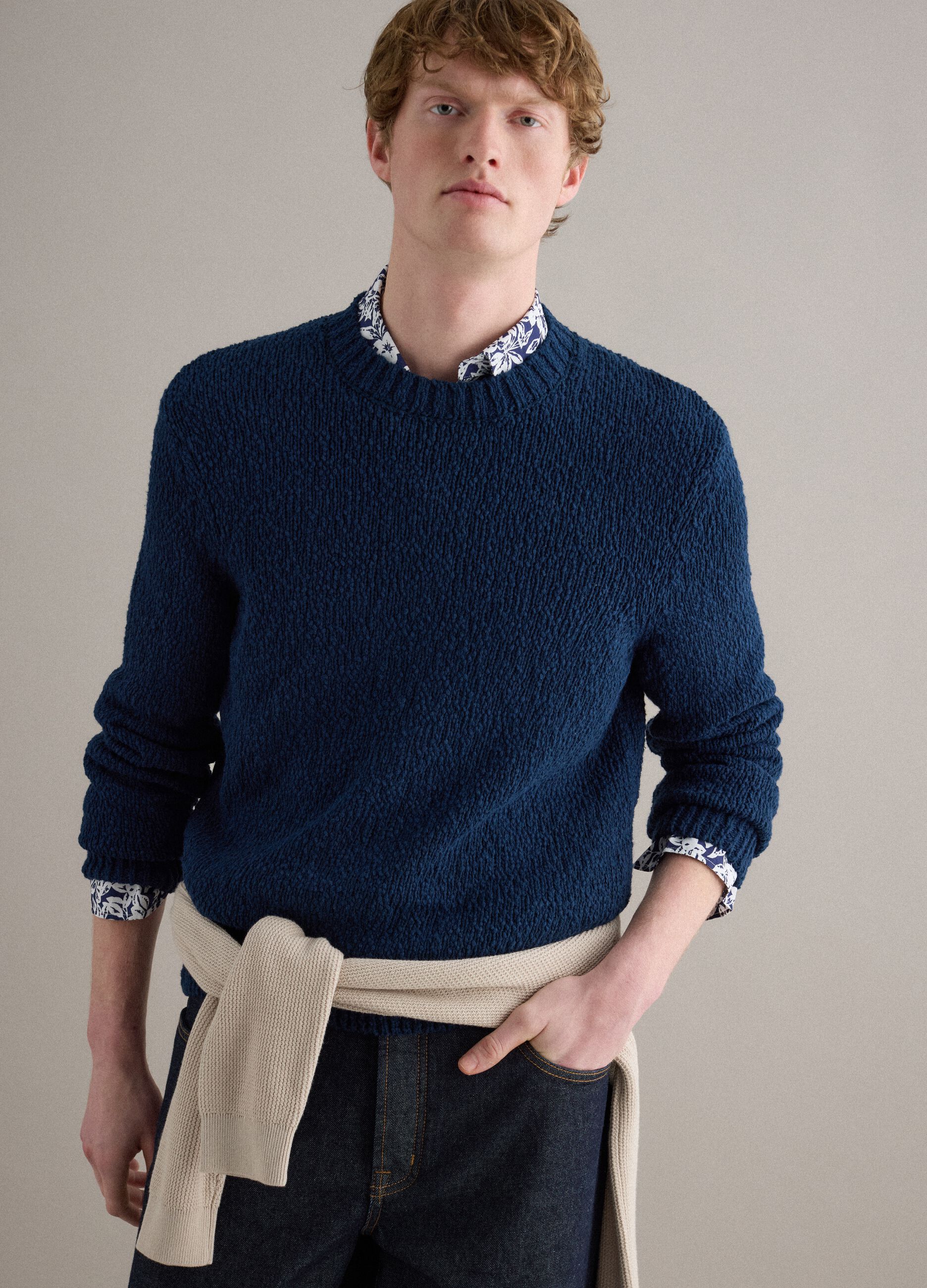 Long sleeve blue pure cotton pullover regular fit