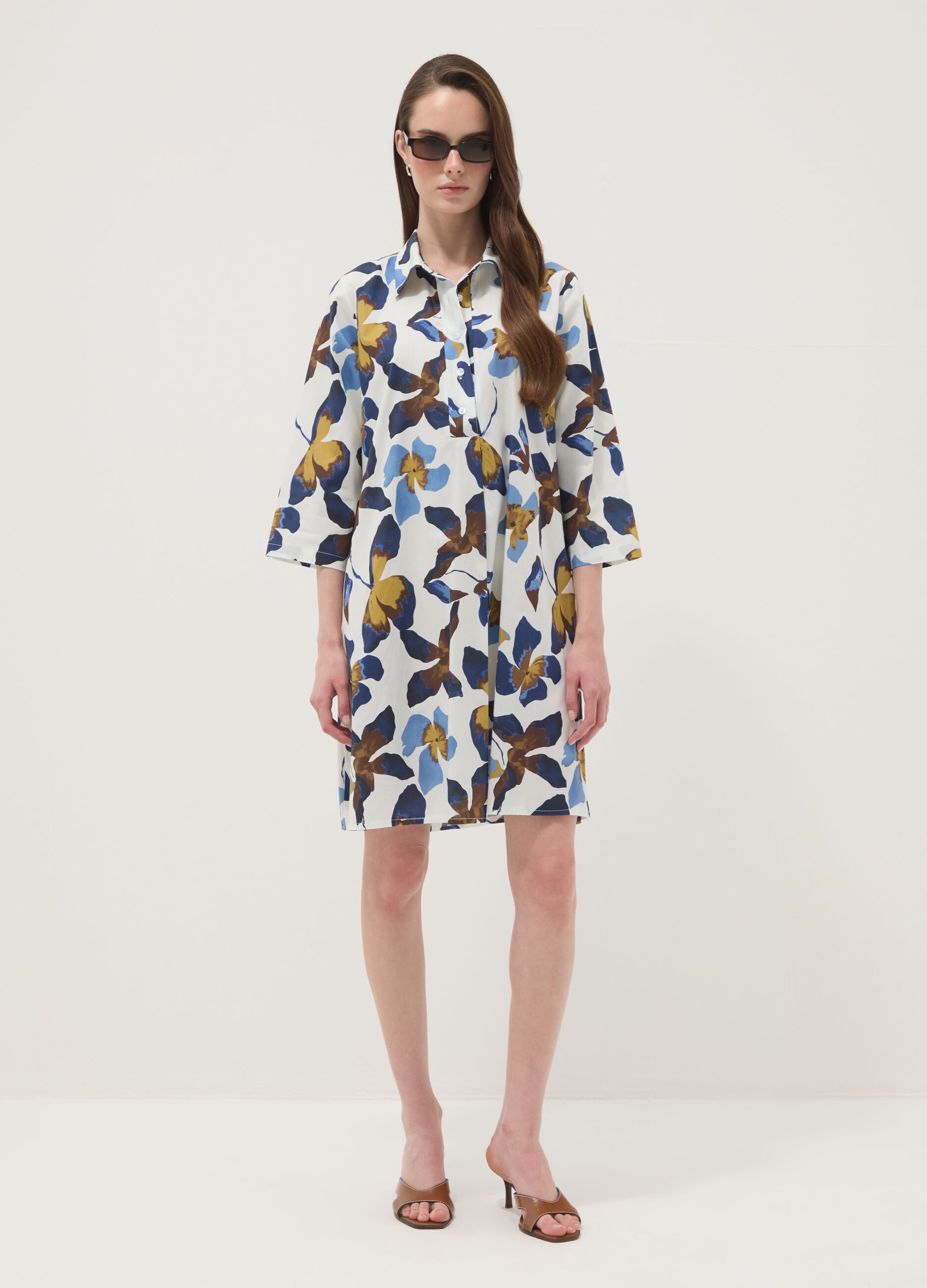 Multicolour floral print oversized stretch cotton dress