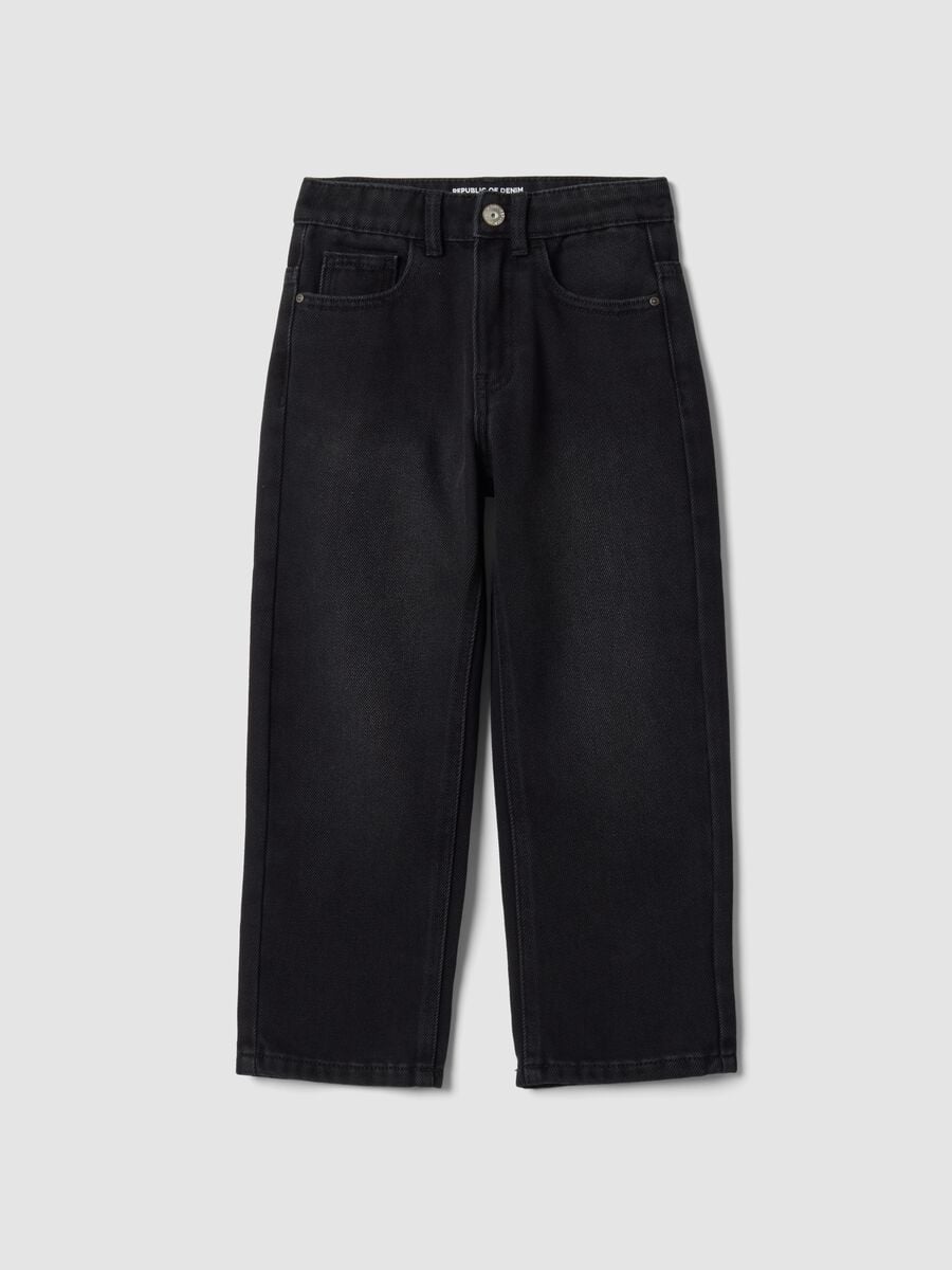 Jeans neri wide leg in misto cotone e viscosa per bambino_0