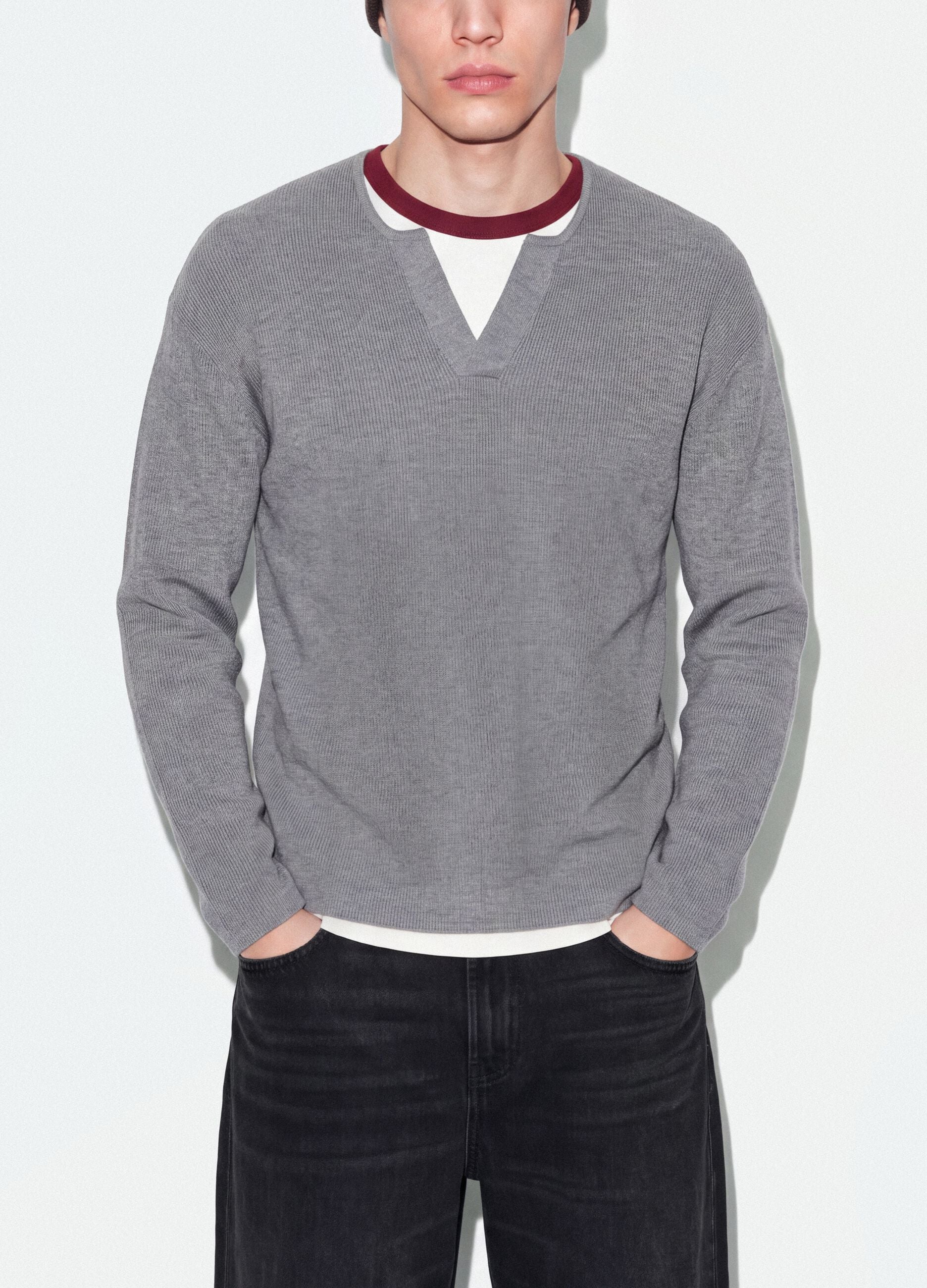Grey cotton-blend Henley neck top, regular fit