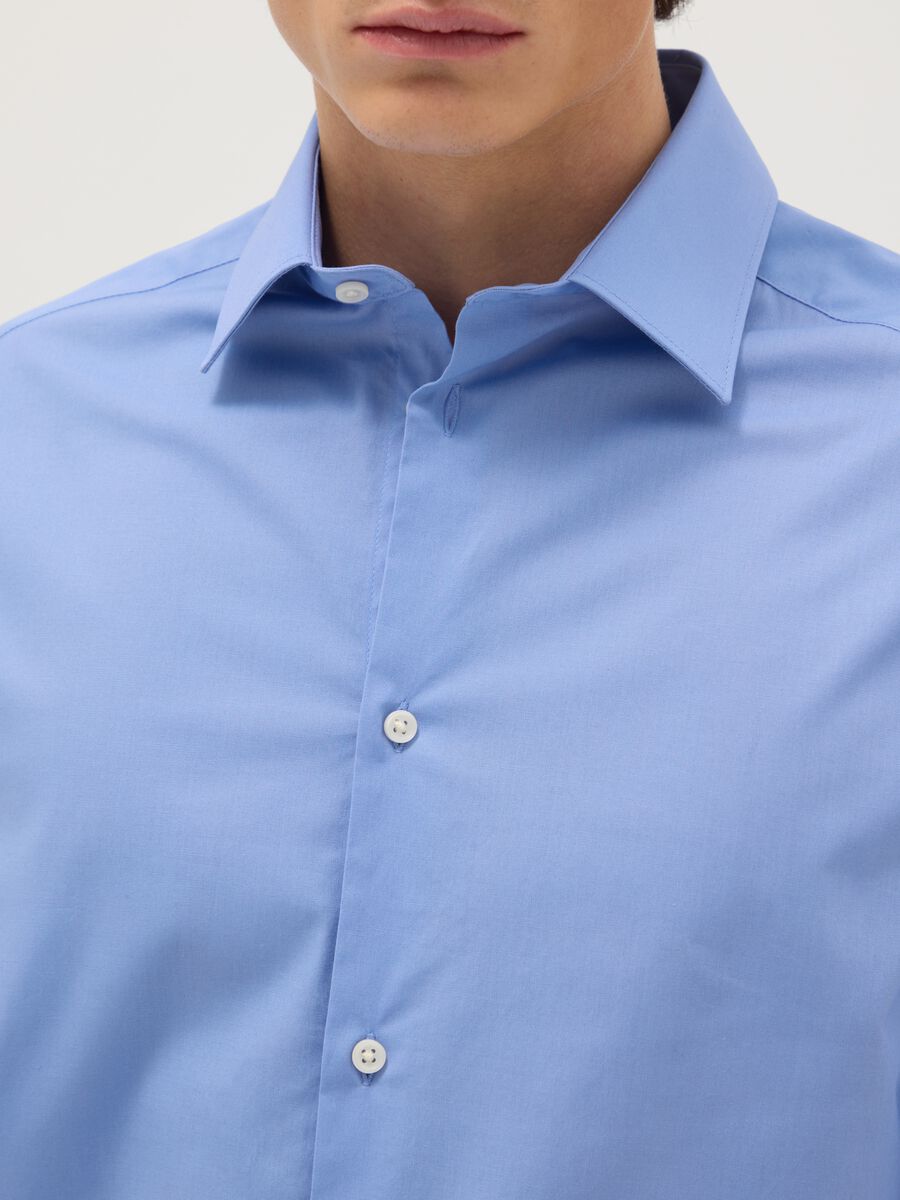 Blue stretch cotton regular fit shirt with classic collar_1