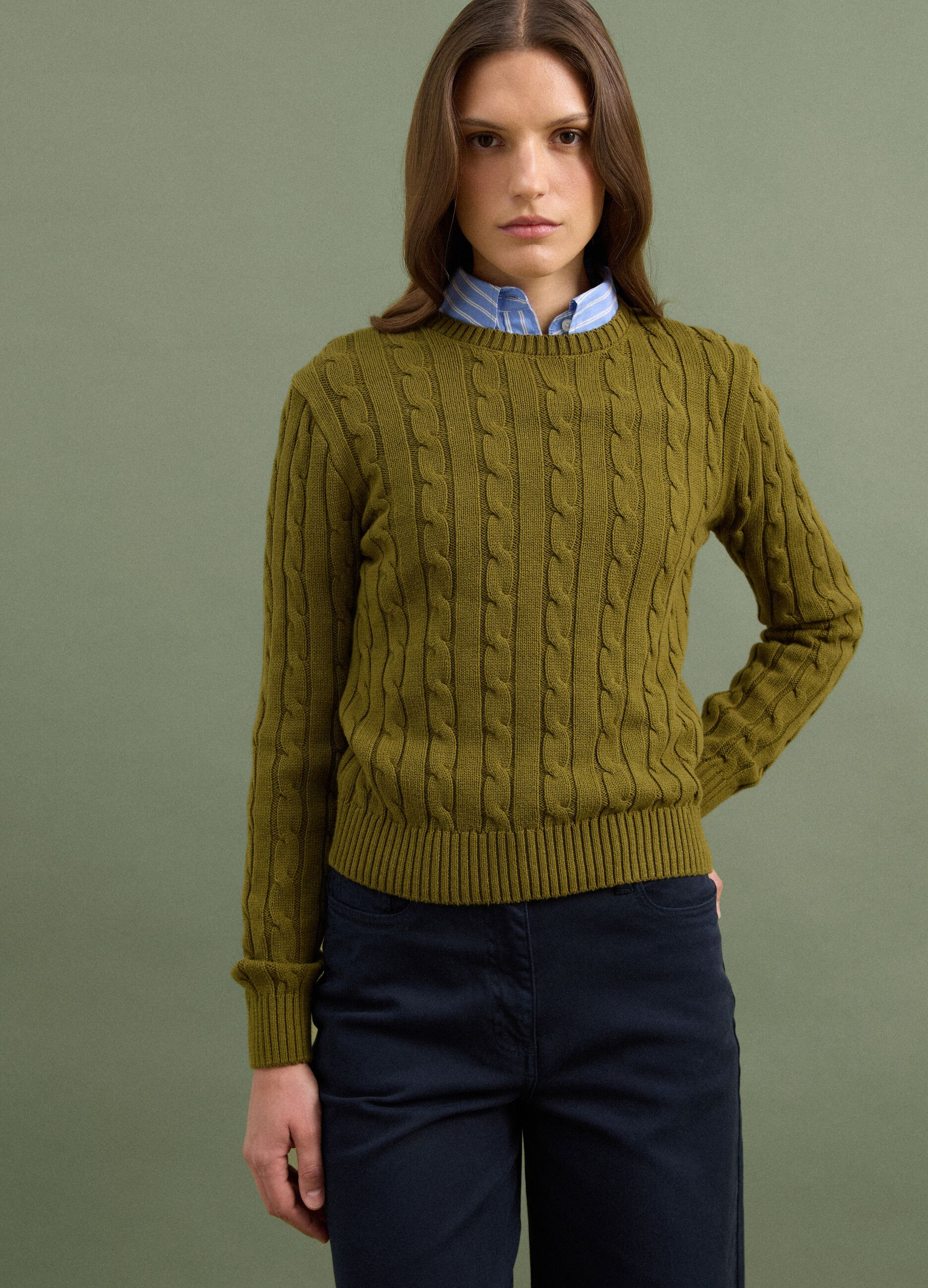 Green pure cotton cable-knit crew-neck jumper