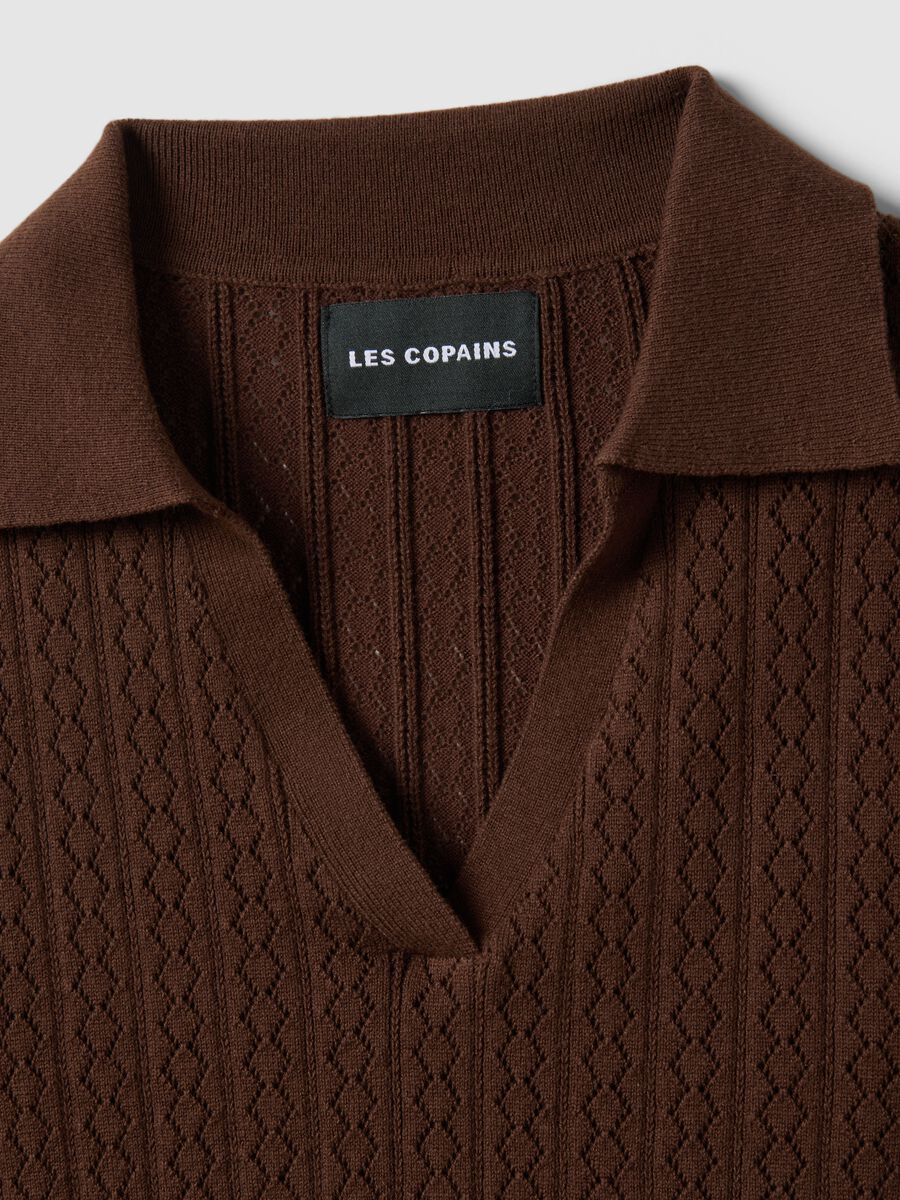 Brown cotton blend regular fit sweater with polo collar_1