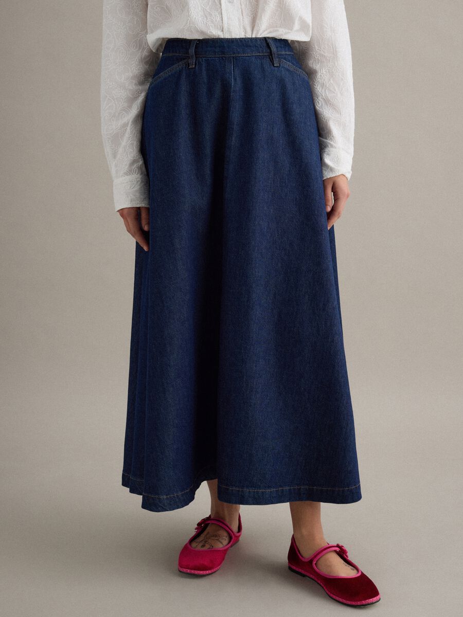 Long blue denim pure cotton skirt regular fit_1