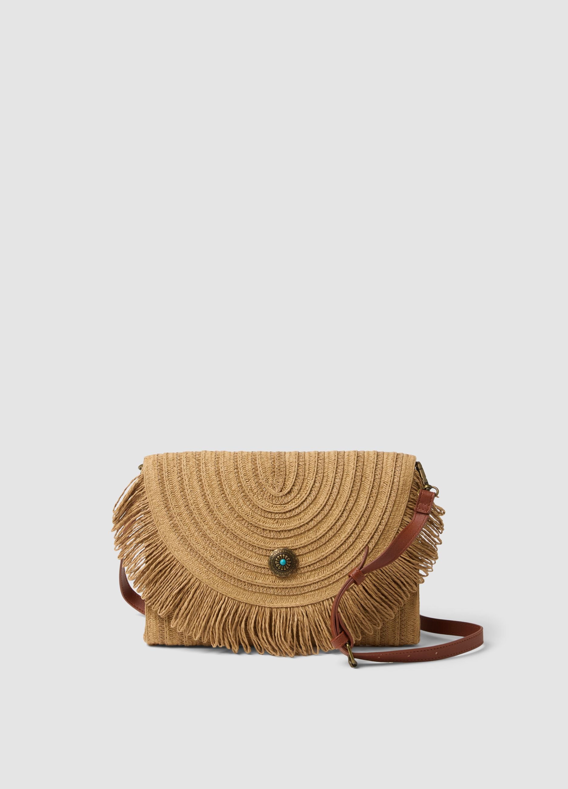 Beige crossbody bag in paper-blend fabric with fringe