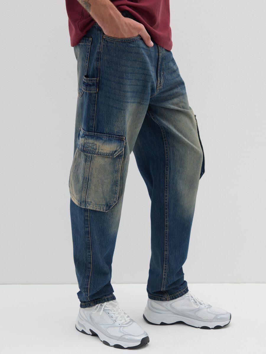 Baggy denim jeans in pure blue cotton with cargo pockets_3