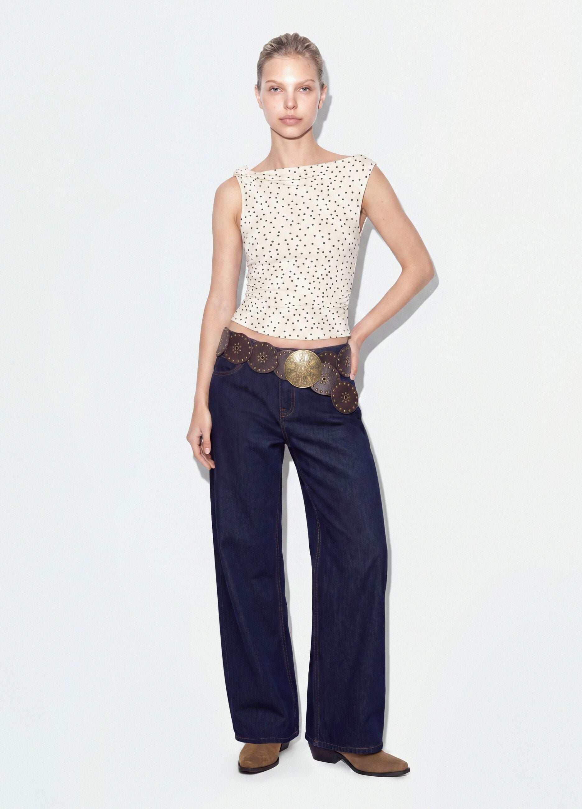 White asymmetric one-shoulder slim-fit polka-dot stretch viscose top