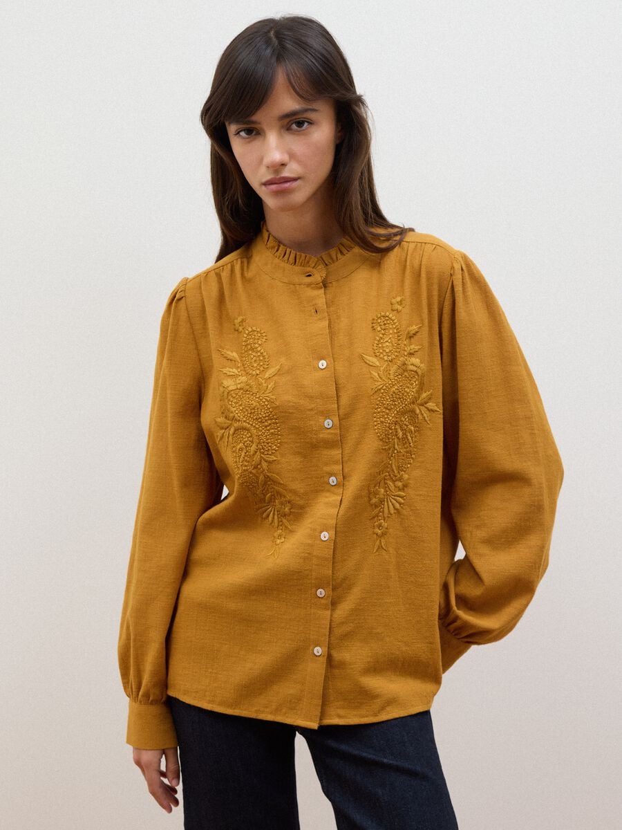 Orange pure cotton shirt with embroidery_1