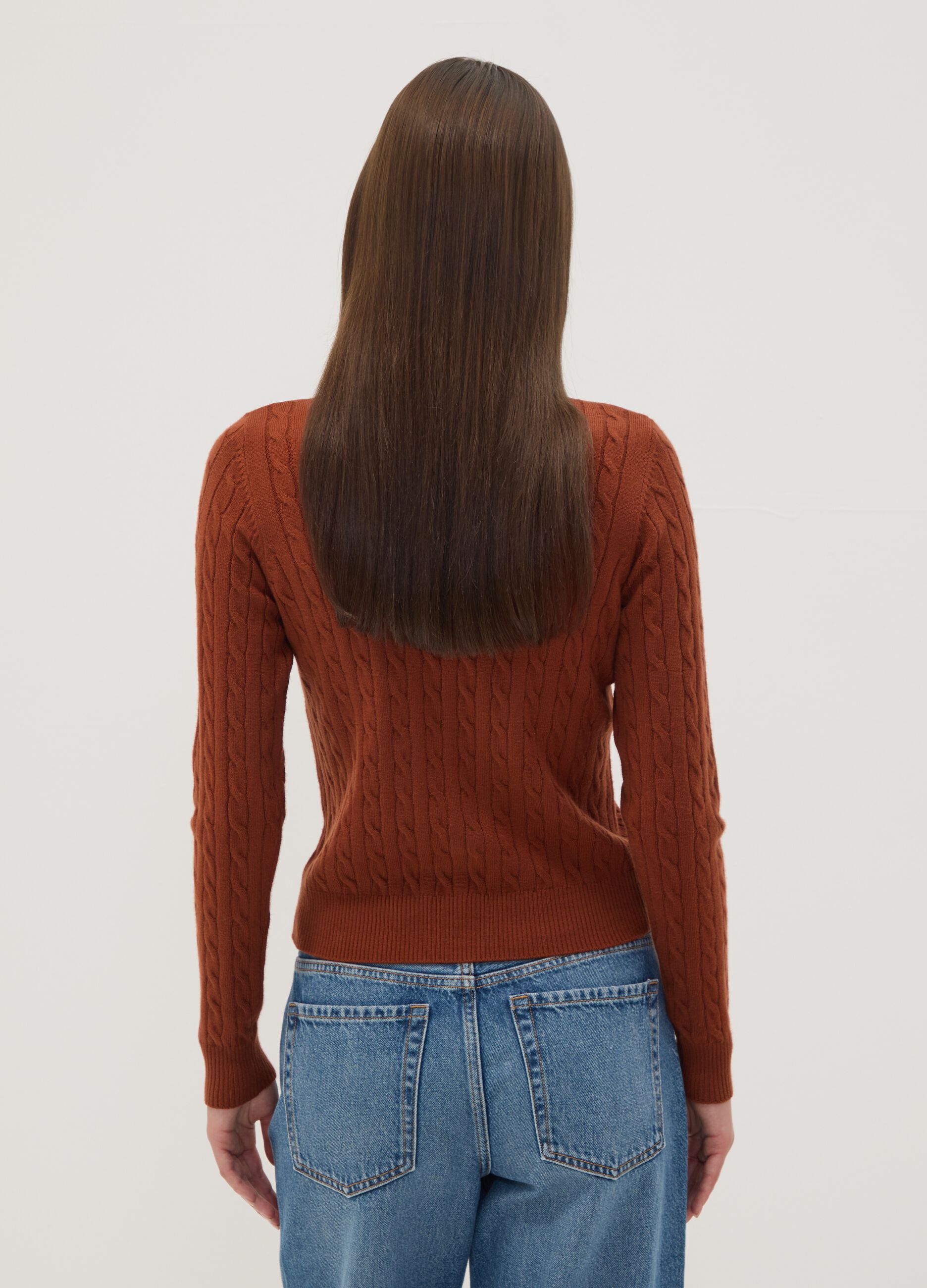 Red cable-knit crew neck jumper, regular fit