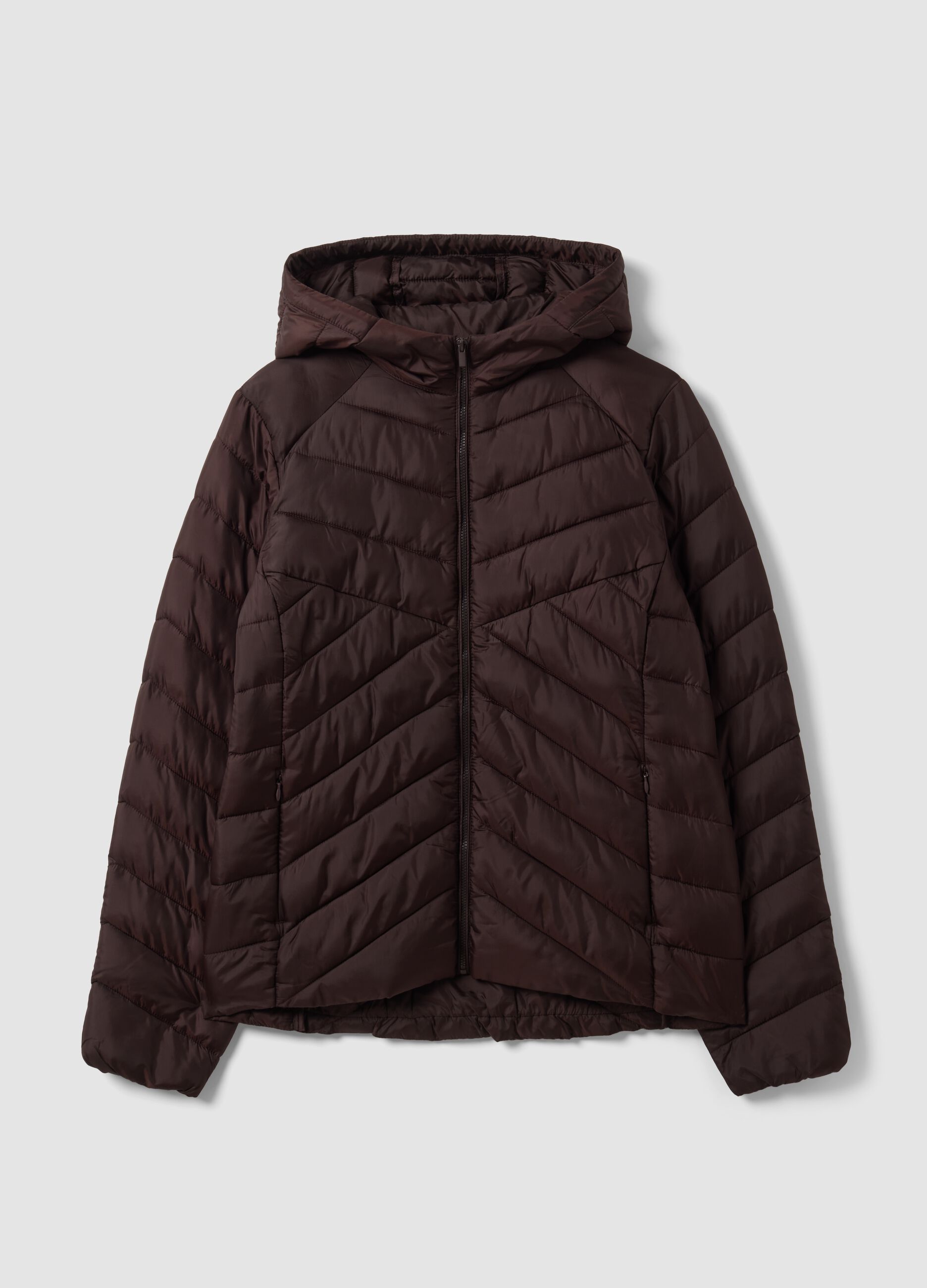 Brown Ultralight Quilted Jacket with Hood and Zip