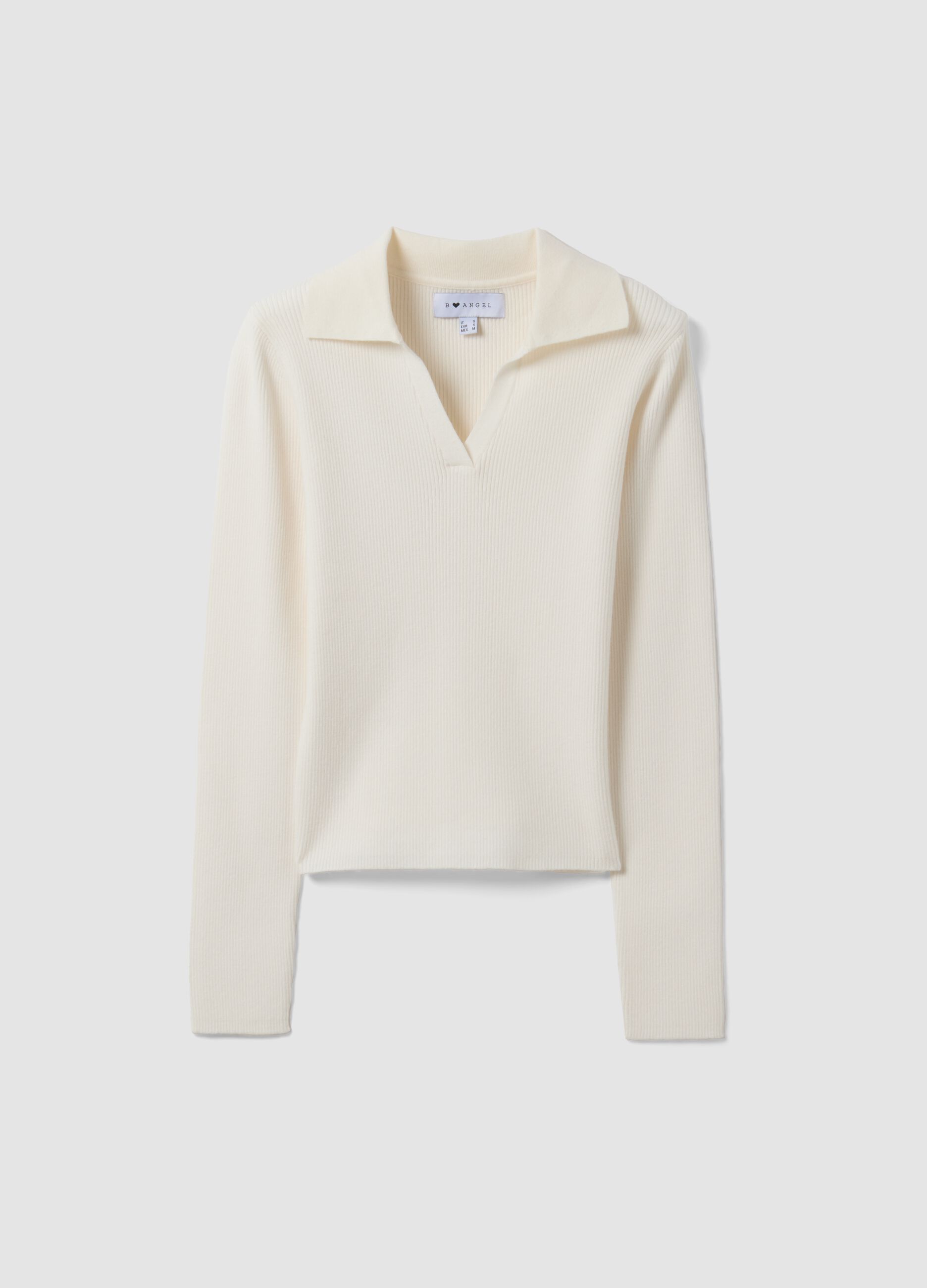 White viscose-blend fitted polo-collar top