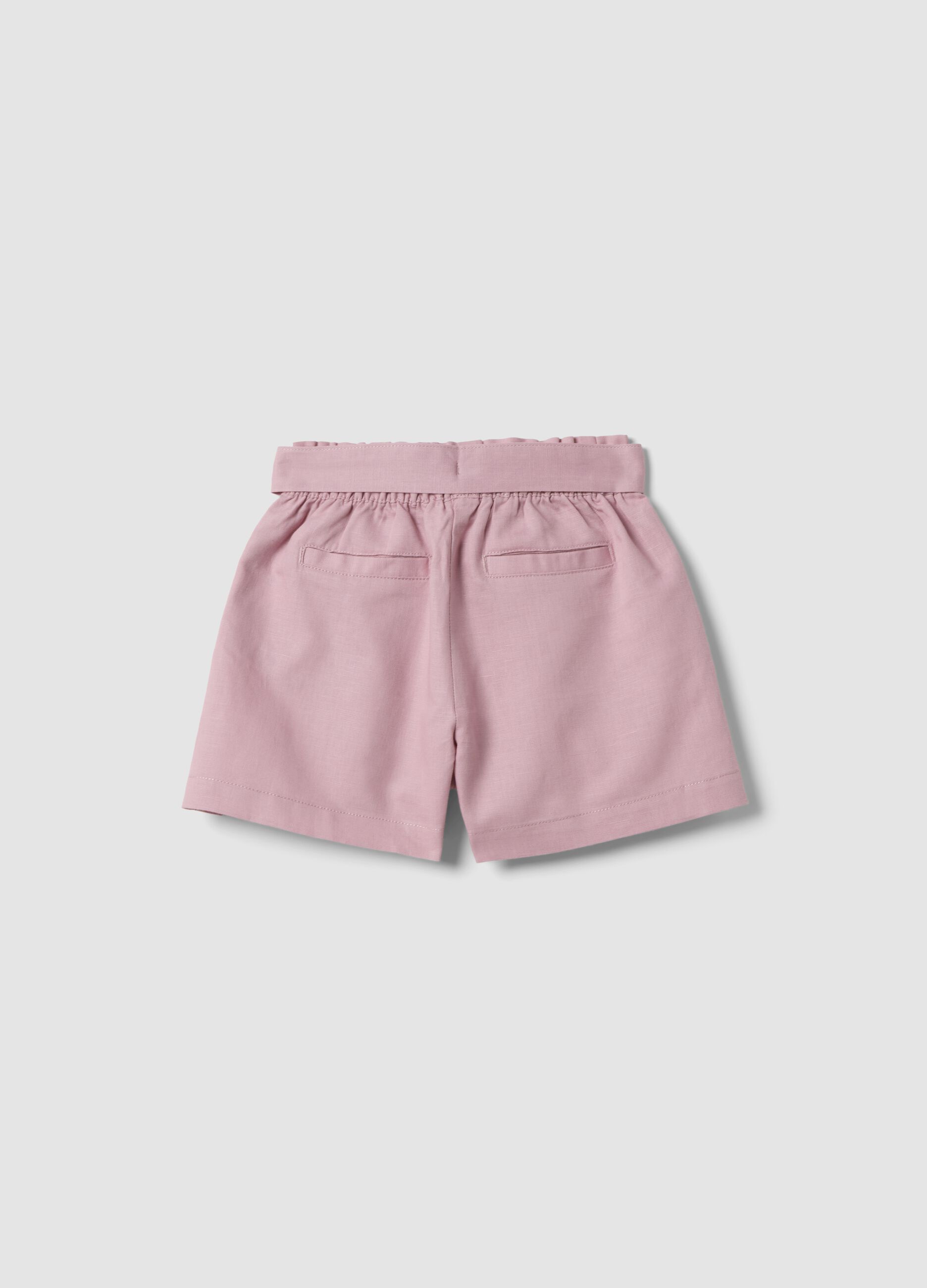 Pink linen and cotton blend shorts with belt for girls, regular fit