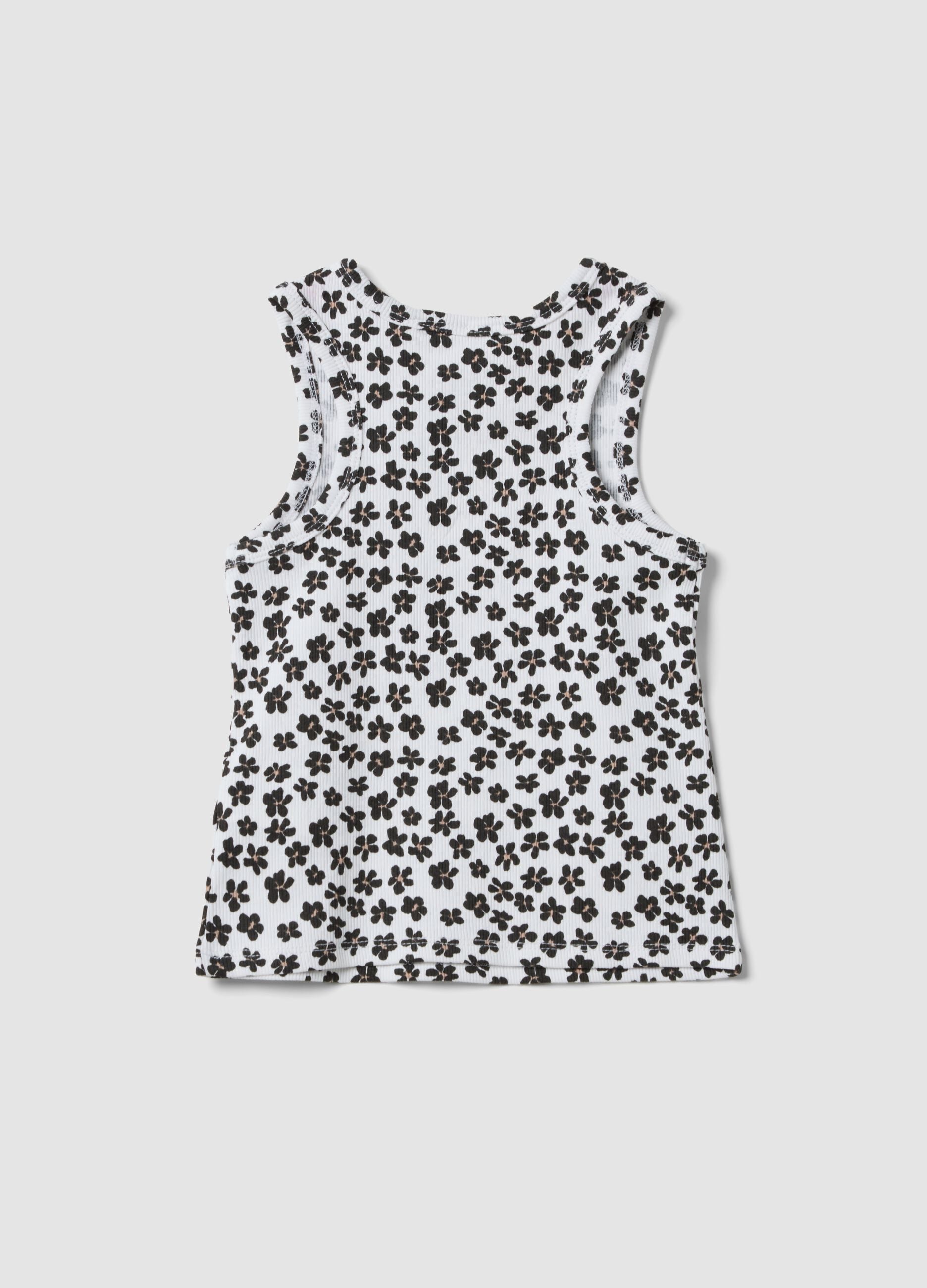 White ribbed stretch-cotton tank top with floral print
