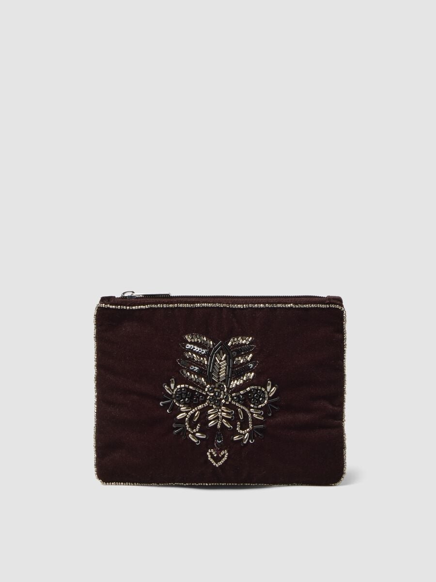 Pochette marrone con ricami di perline e zip_0