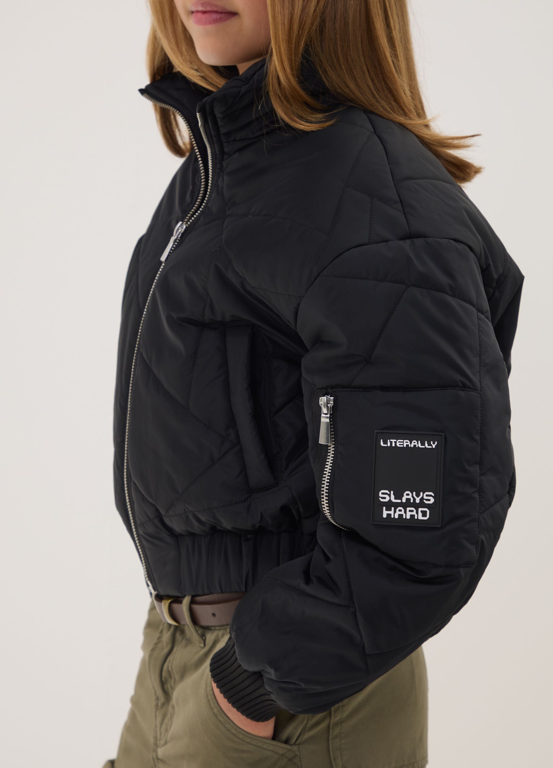 Black padded jacket with zip and high neck