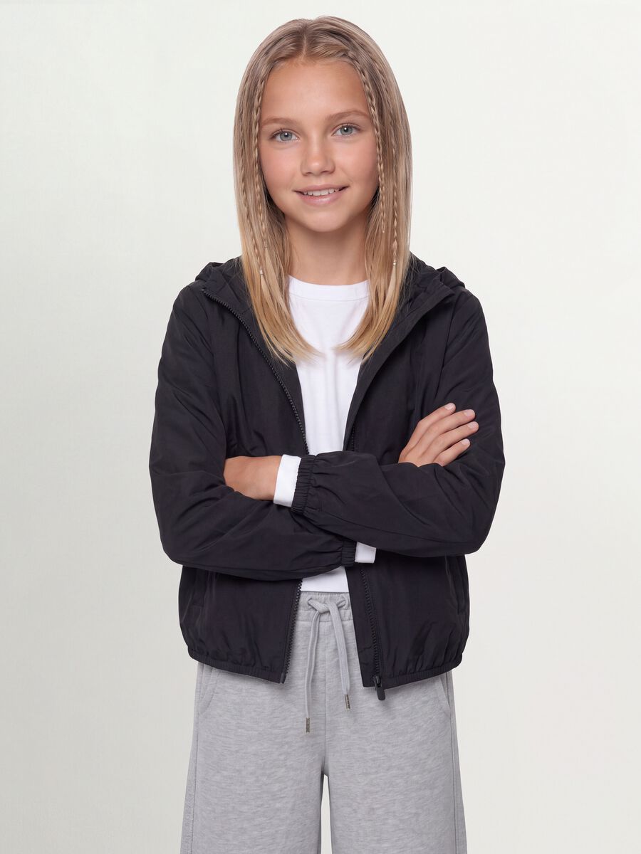 Black hooded rain jacket with zip for girls_0