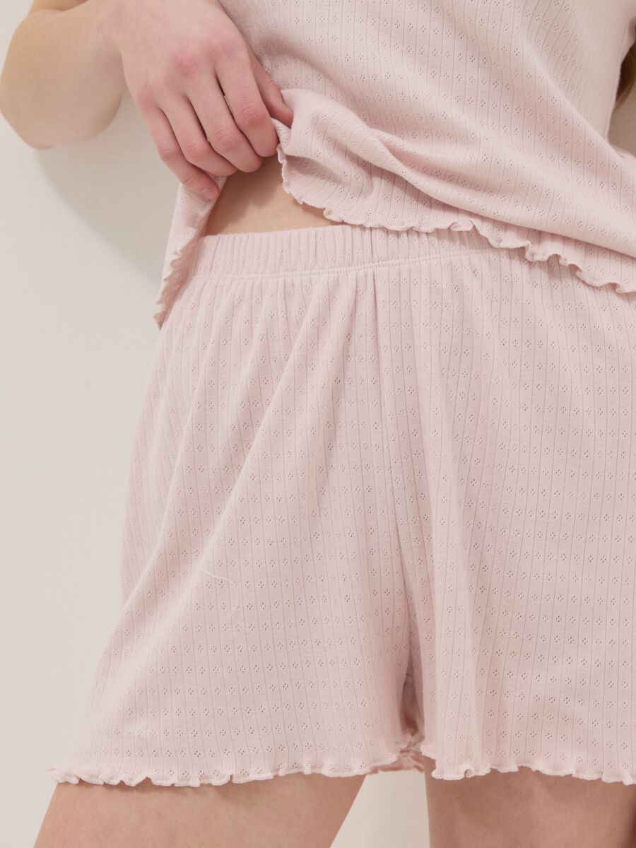 Pink pure cotton regular fit pyjama shorts with gathered edges_3