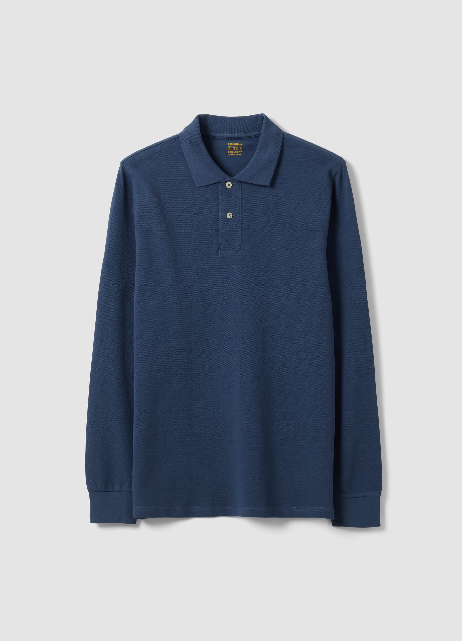Blue long-sleeve organic cotton piqu&eacute; polo shirt, regular fit